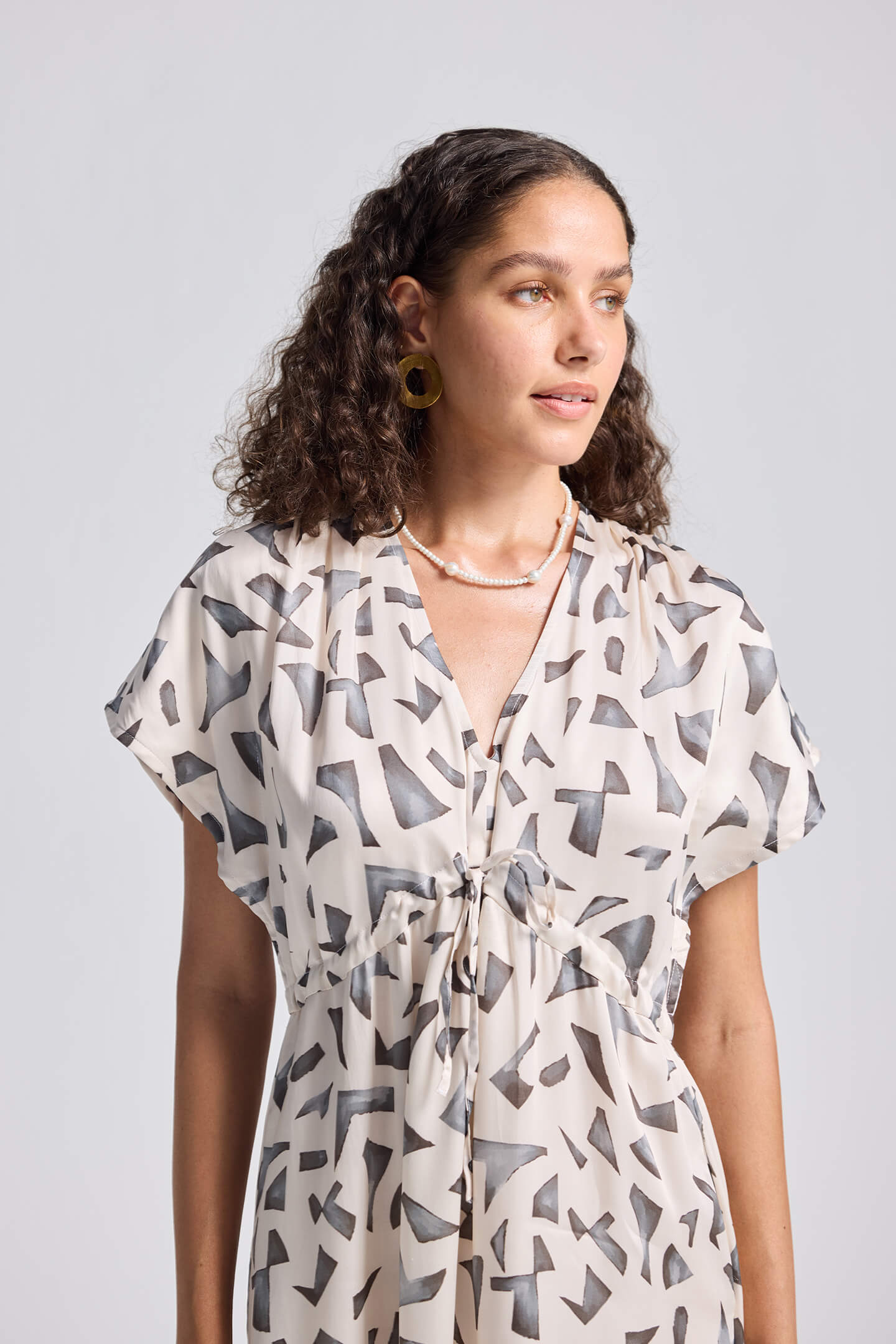 Gathered Maxi Dress with Side Slits in Mosaic Front