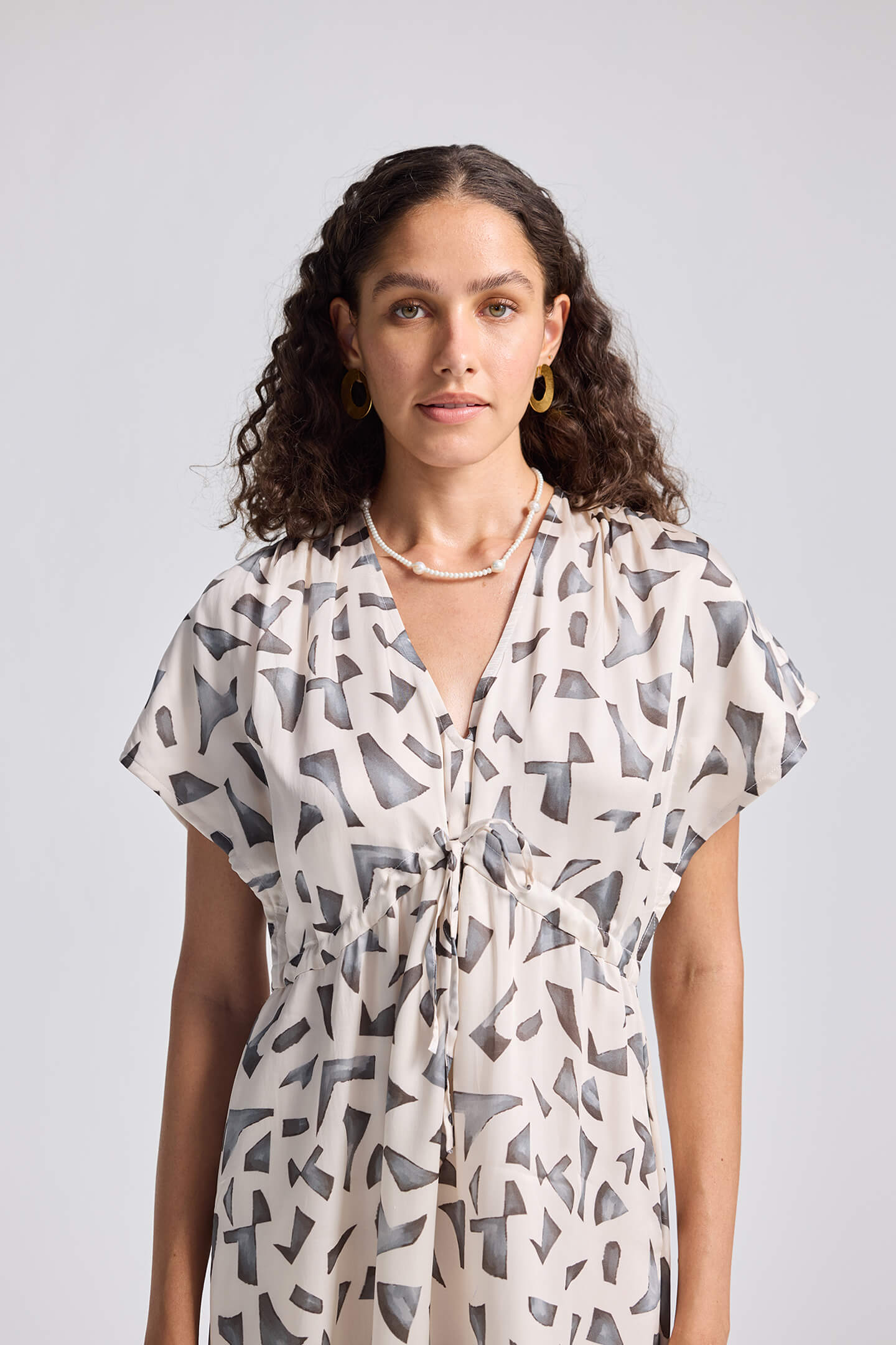 Gathered Maxi Dress with Side Slits in Mosaic Front