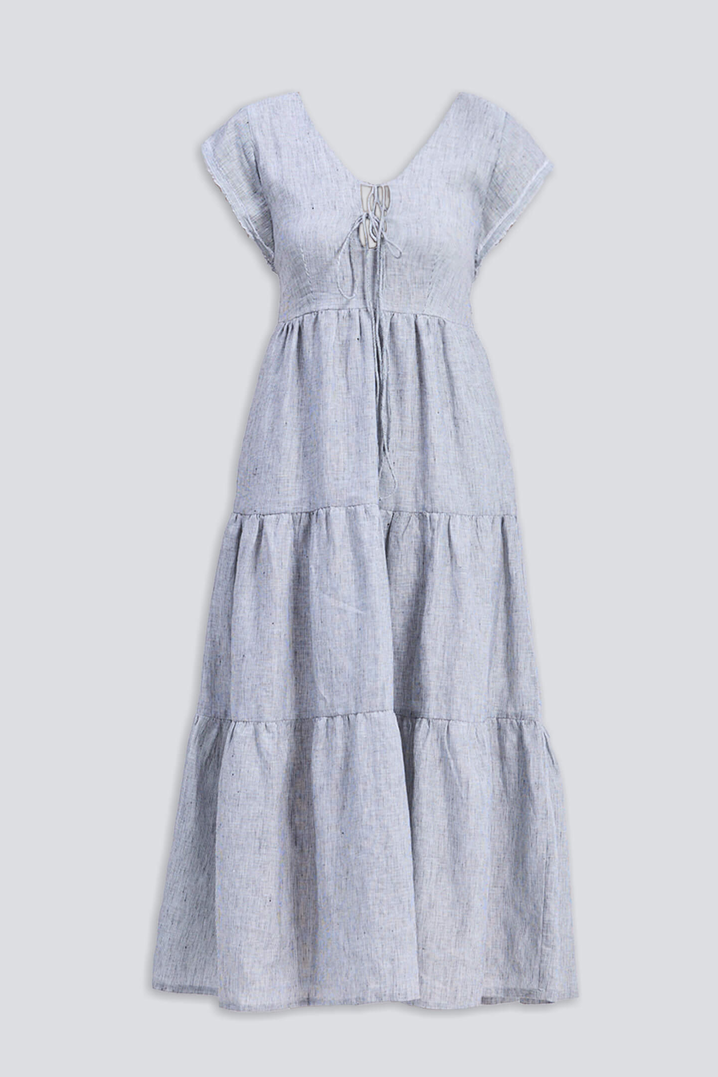 Maxi Tired Dress with Front-ties in Linen Stripes