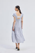 Maxi Tired Dress with Front-ties in Linen Stripes