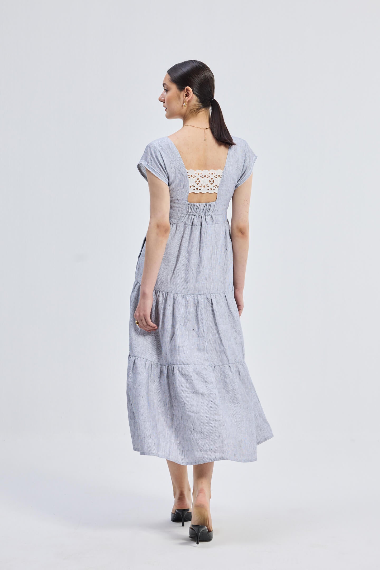 Maxi Tired Dress with Front-ties in Linen Stripes