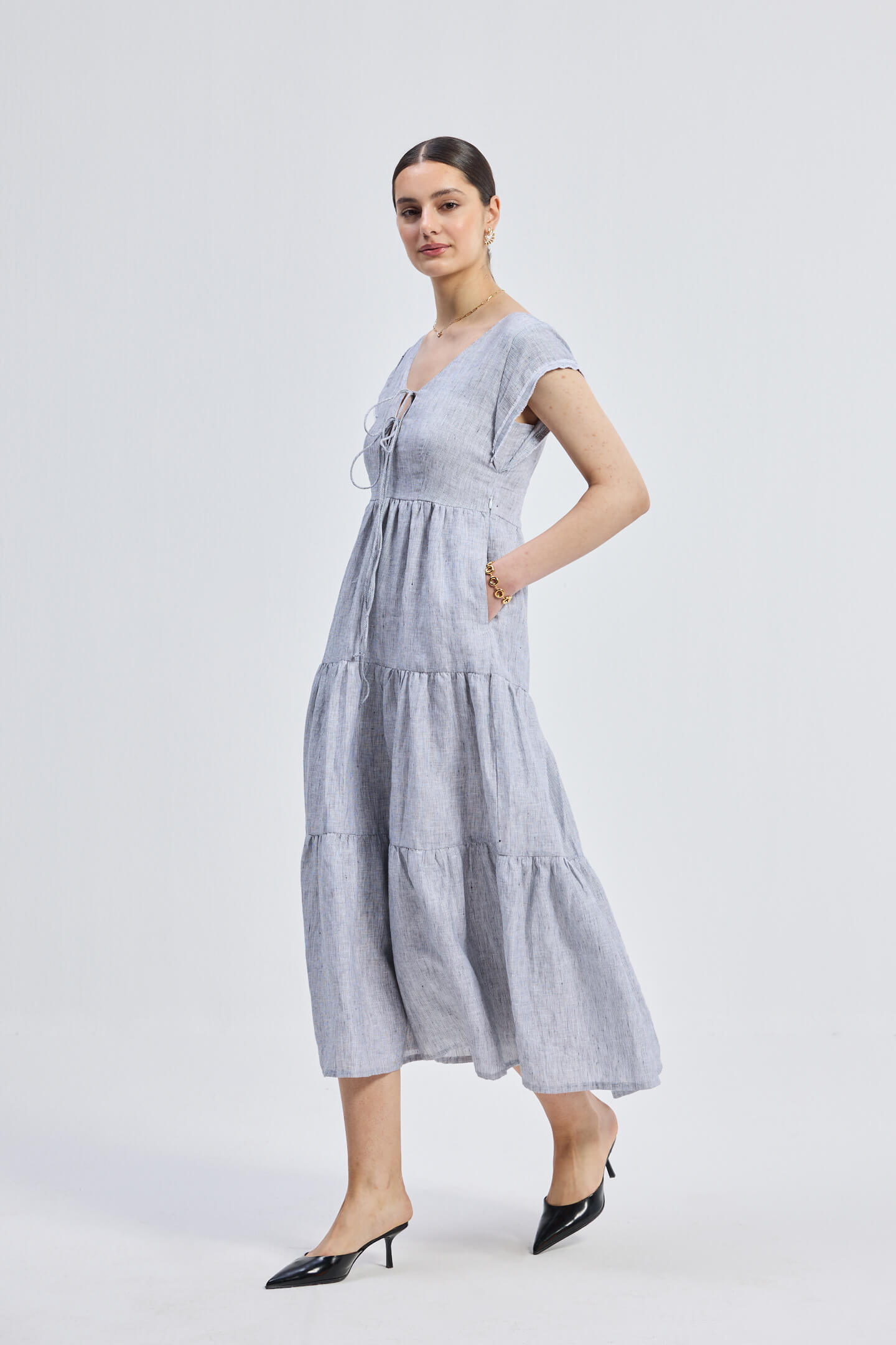 Maxi Tiered Dress with Front-ties in Linen Stripes Pin striped Linen / 2XL Maxi Tiered Dress with Front-ties in Linen Stripes Pin striped Linen / 2XL