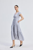 Maxi Tired Dress with Front-ties in Linen Stripes