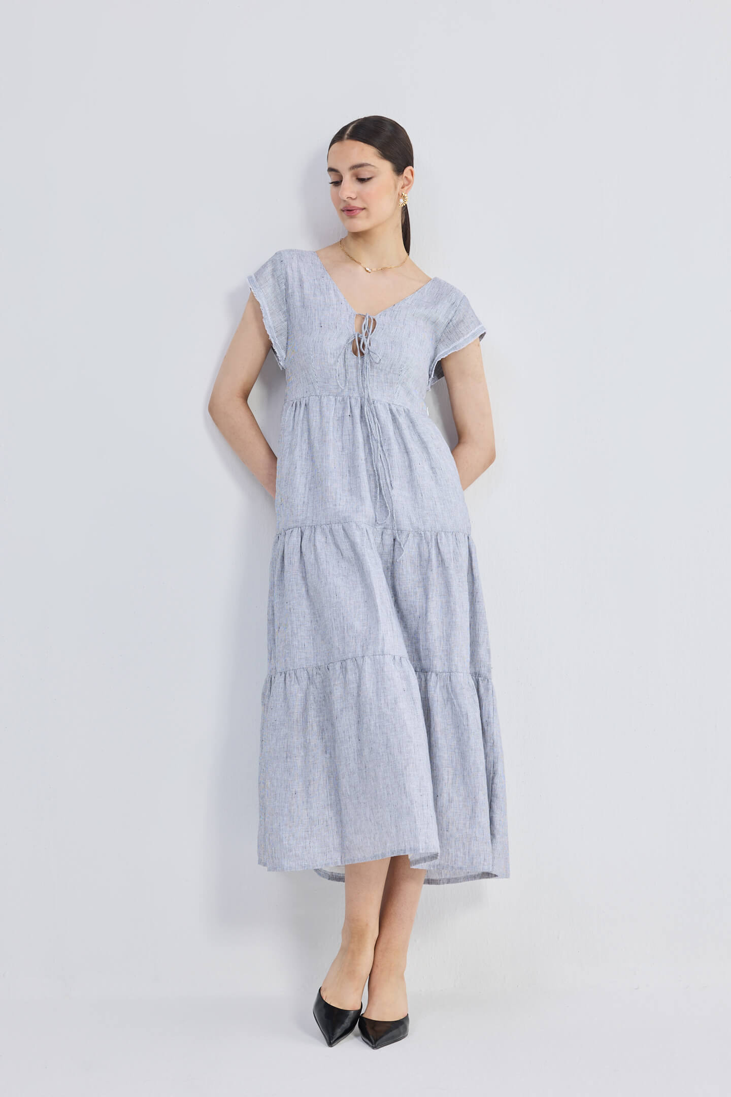 Maxi Tiered Dress with Front-ties in Linen Stripes Pin striped Linen / 2XL