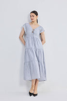 Maxi Tired Dress with Front-ties in Linen Stripes