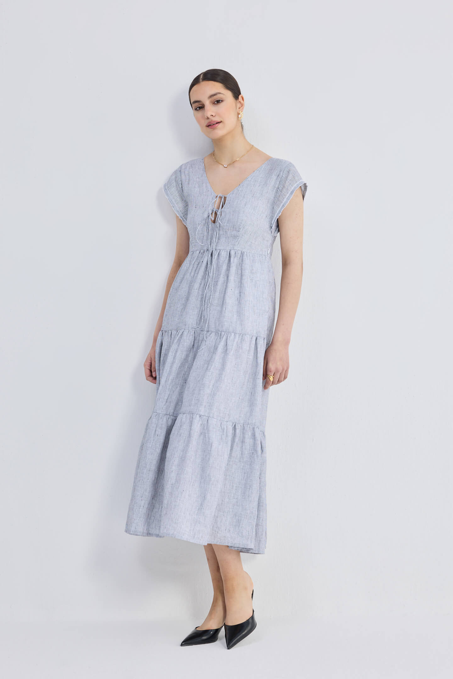 tiered dress linen Tiered Linen Dress, Open Back Summer Dress, Adjustable Straps, V Neck, Pockets, M / Light Blue