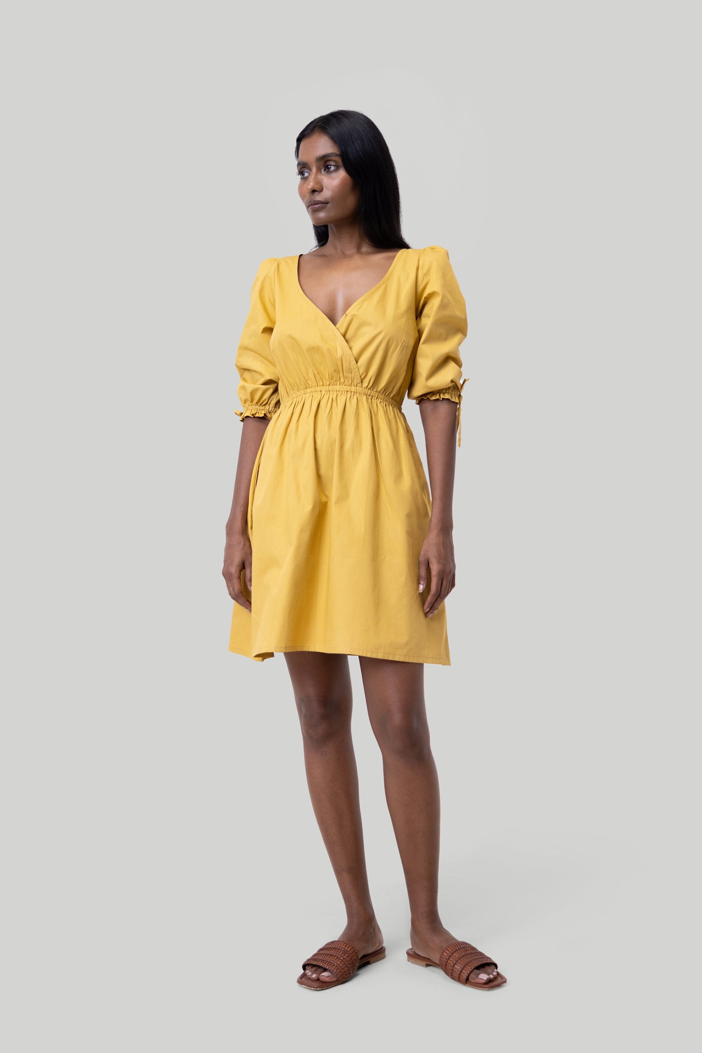 Gathered Elbow Sleeve Short Dress in Mustard Tuscan Sun / 2XL Gathered Elbow Sleeve Short Dress in Mustard Tuscan Sun / 2XL