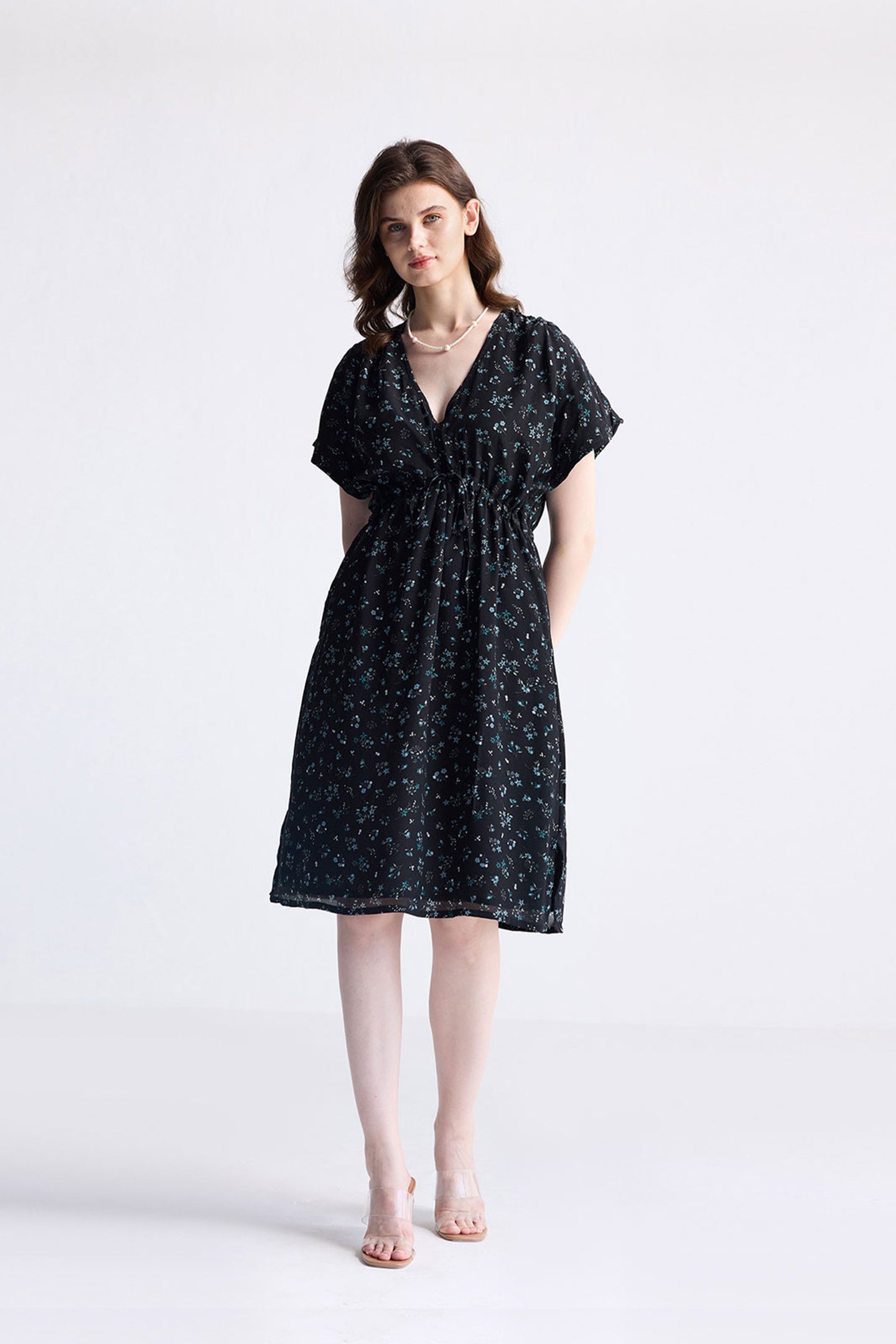 Gathered Knee-length Dress in Dark Blue Florals Long Shot