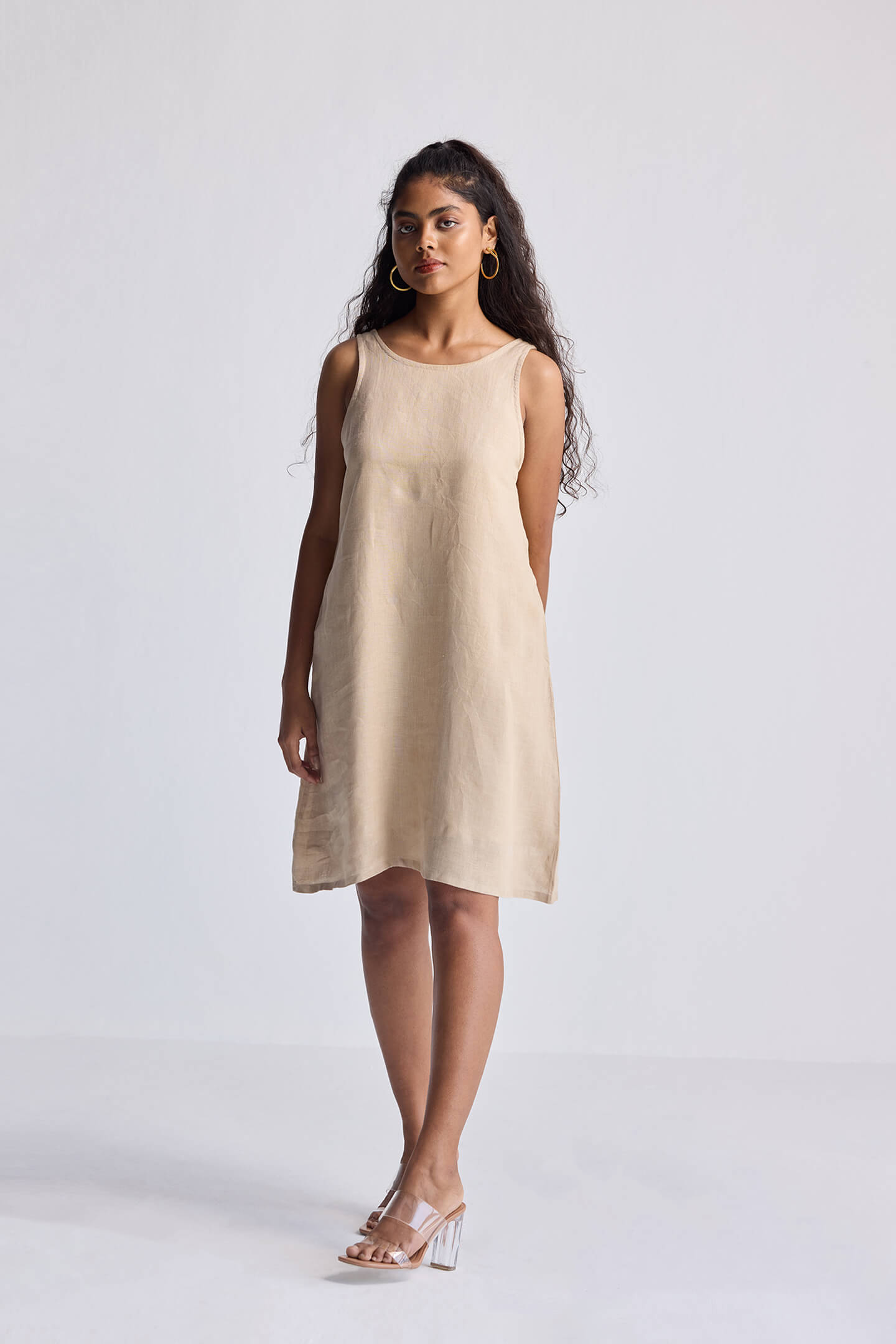 Hemp Short Dress with Back Embroidered Lace Detail Neutral Beige / M Hemp Short Dress with Back Embroidered Lace Detail Neutral Beige / M