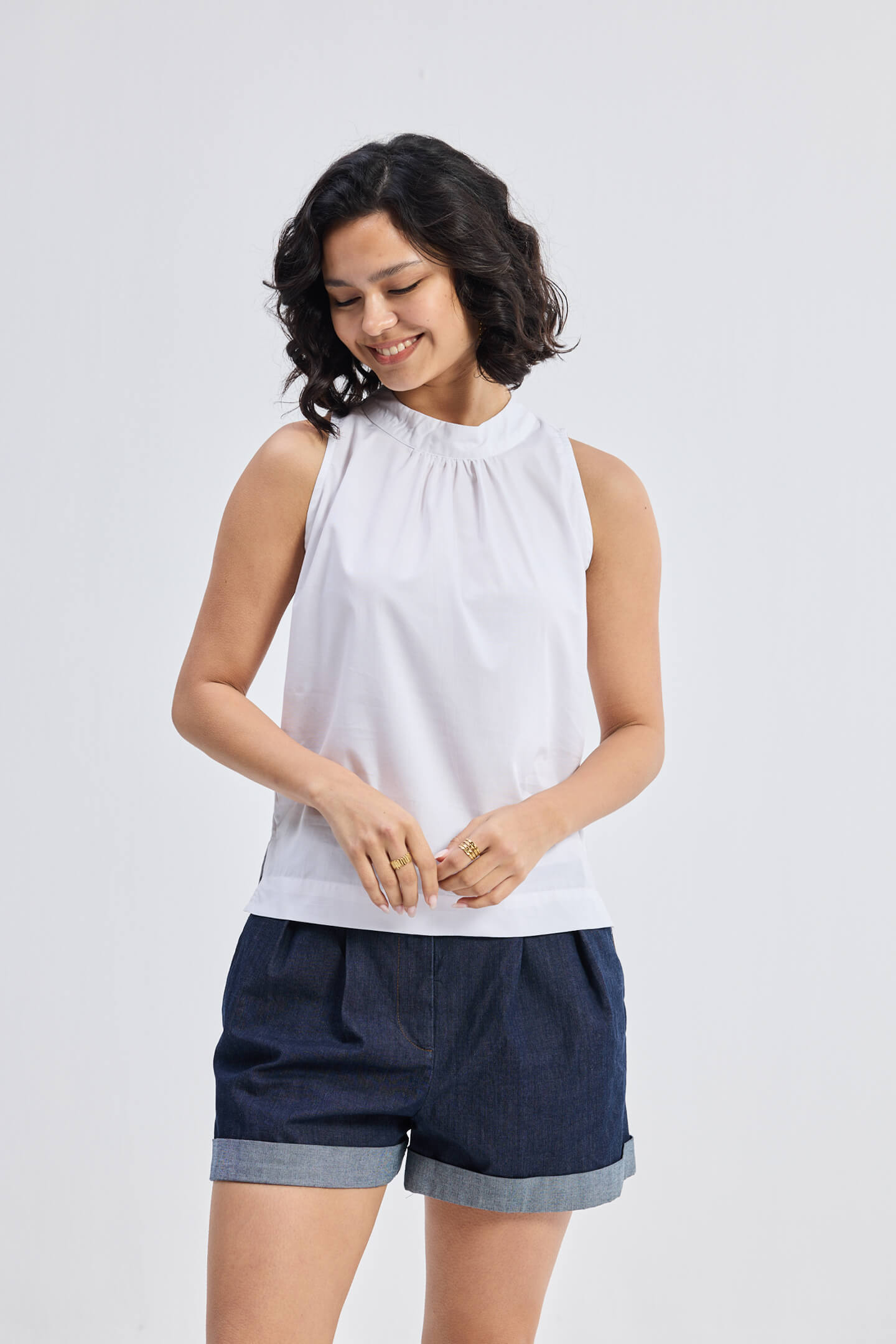 High-Neck Top with Gathers in White