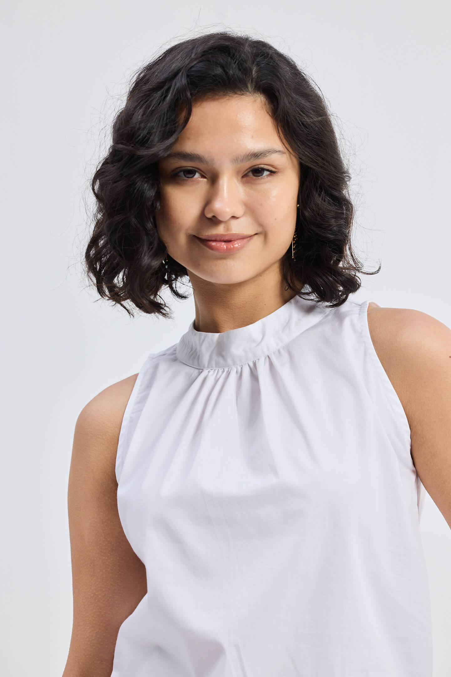 High-Neck Top with Gathers in White Closeup