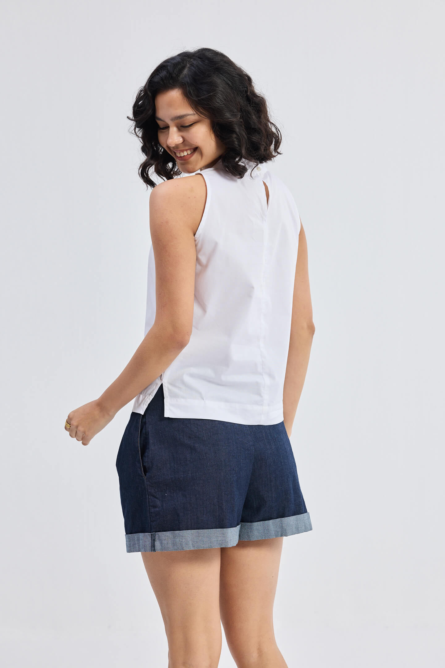 High-Neck Top with Gathers in White Back