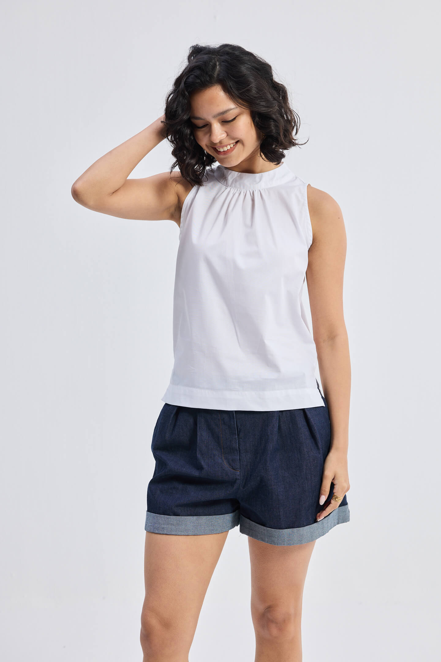 High-Neck Top with Gathers in White