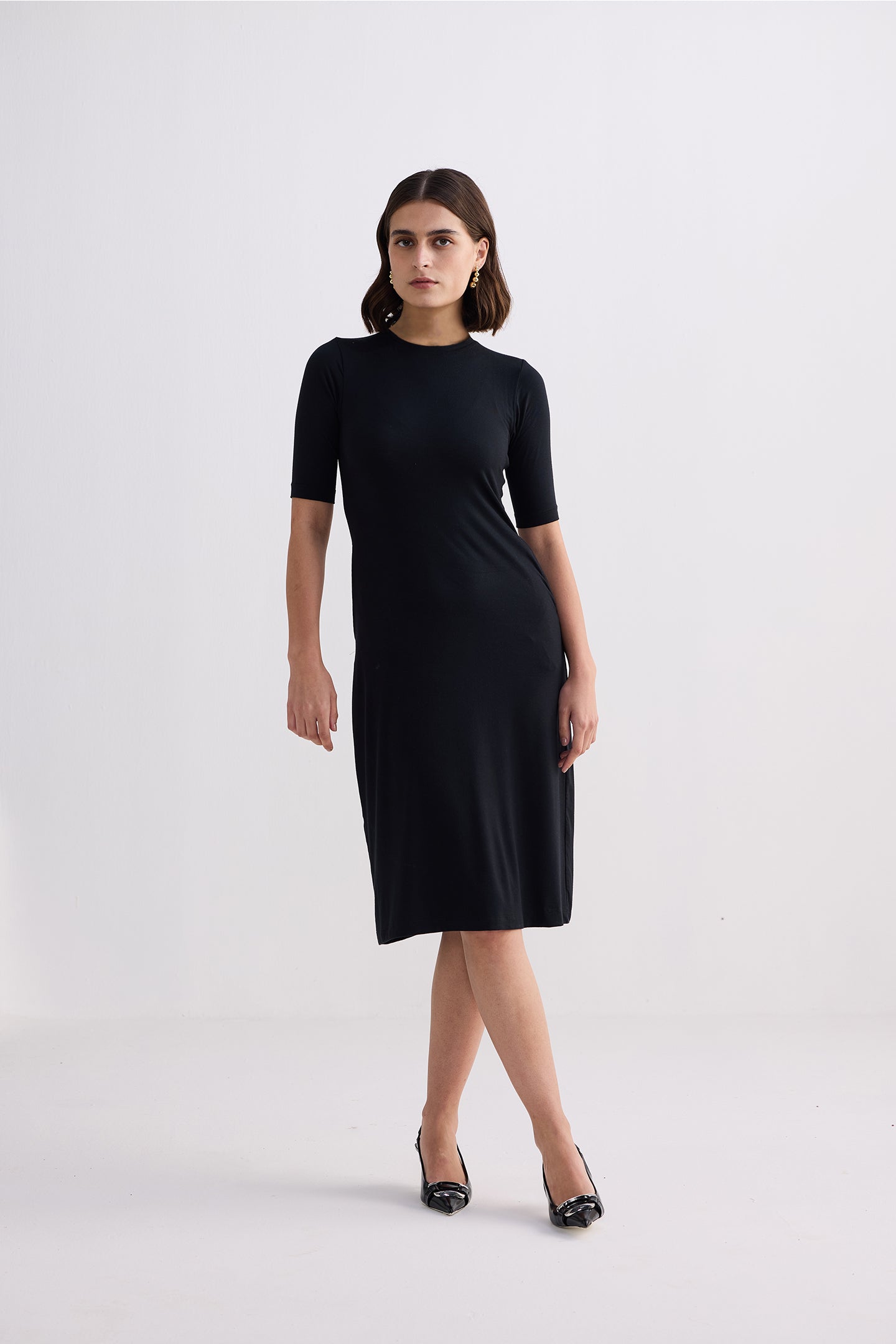 High Crew Neck Elbow Sleeves Fitted Dress in Black Front