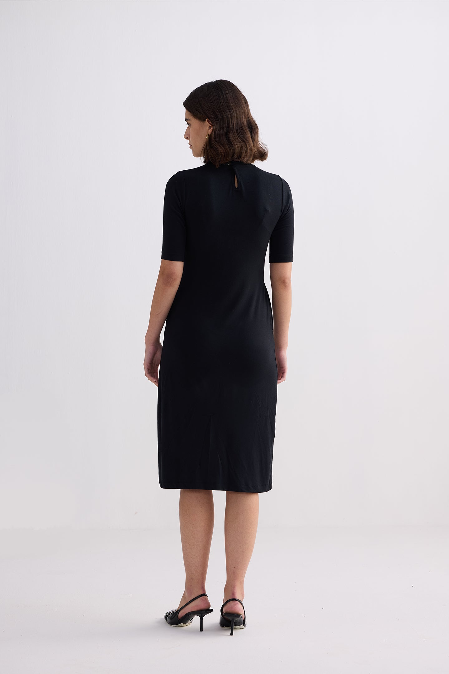 High Crew Neck Elbow Sleeves Fitted Dress in Black Back