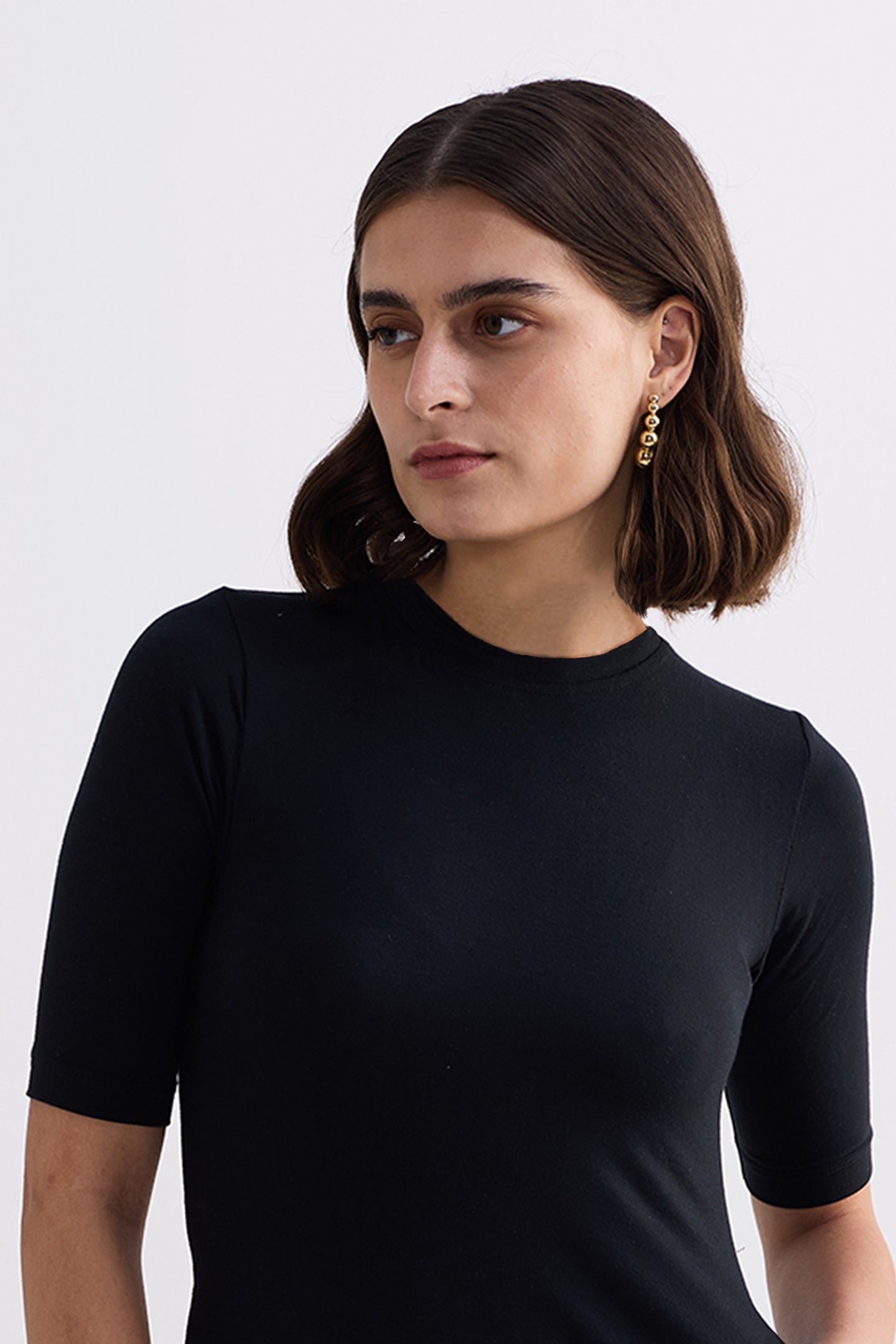 High Crew Neck Elbow Sleeves Fitted Dress in Black Closeup