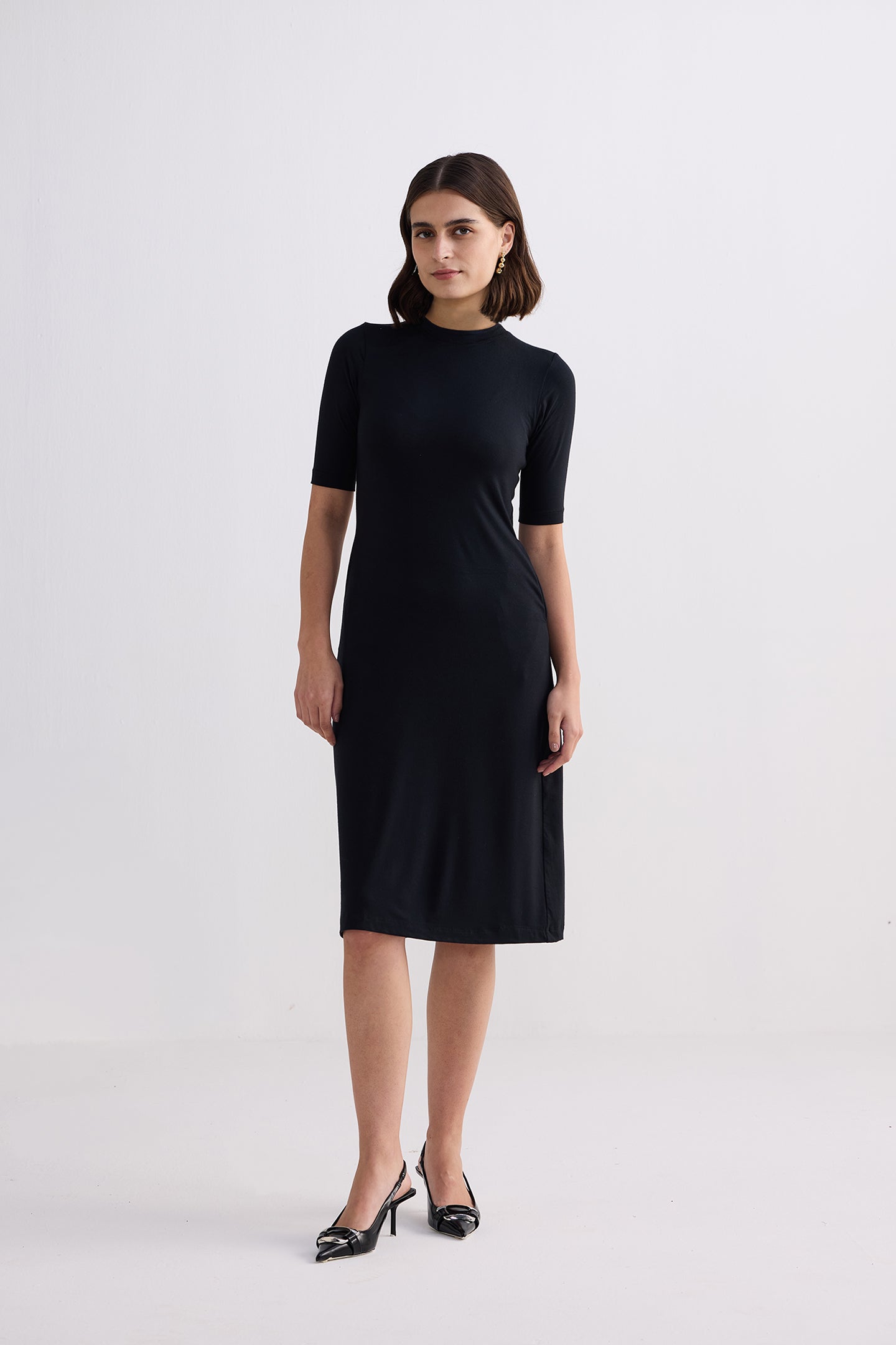 High Crew Neck Elbow Sleeves Fitted Dress in Black Front
