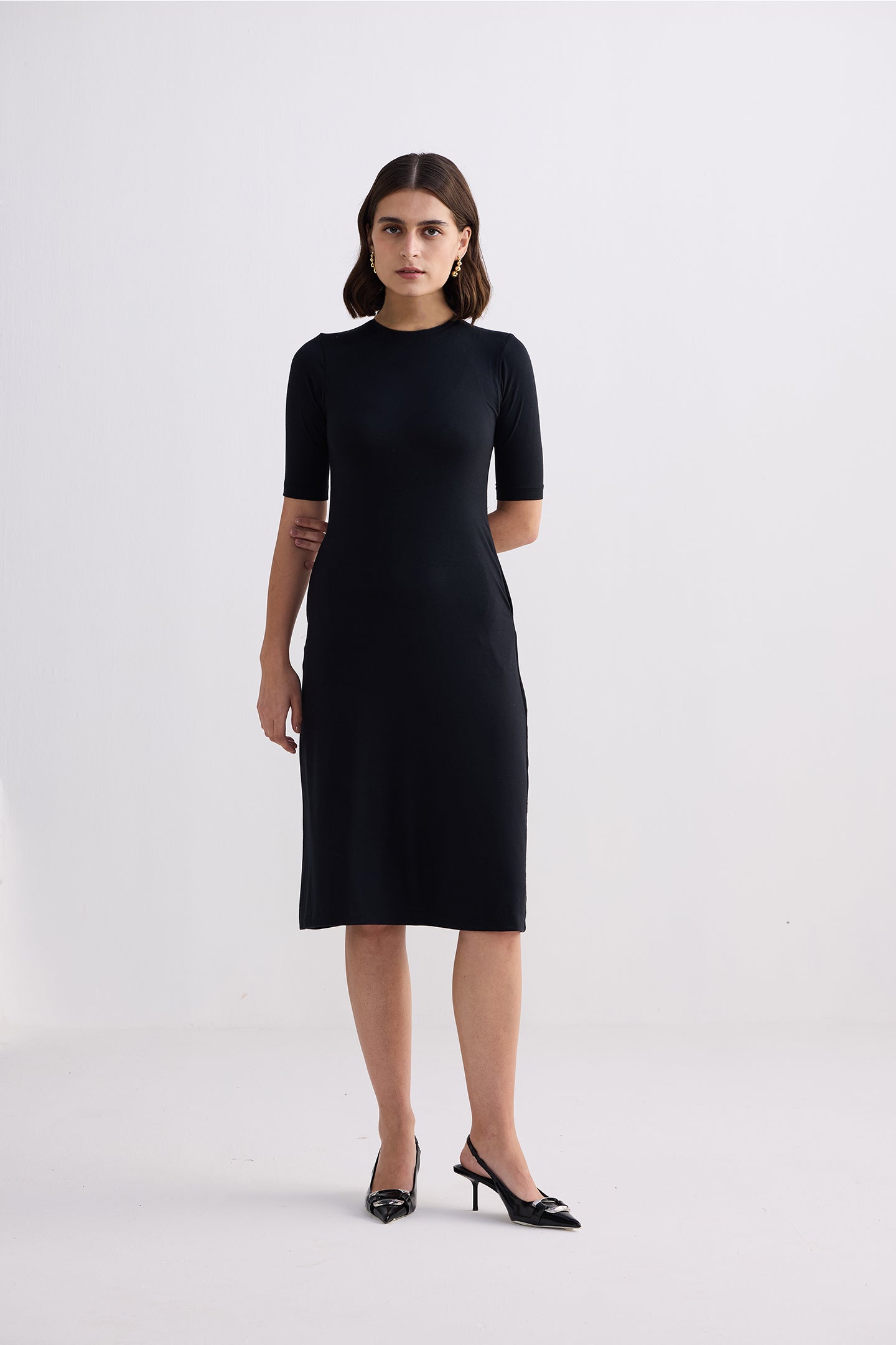 High Crew Neck Elbow Sleeves Fitted Dress in Black Front