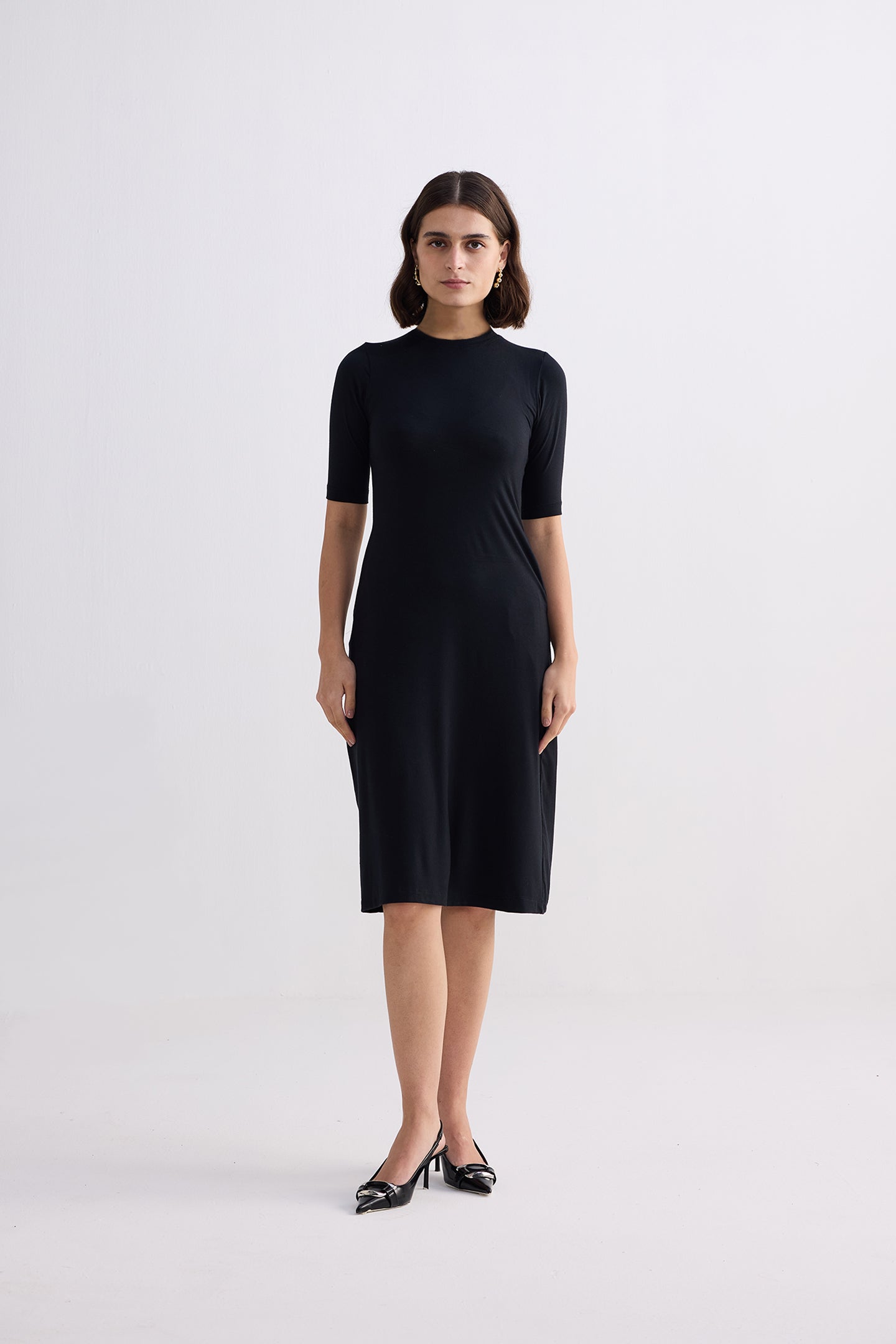 High Crew Neck Elbow Sleeves Fitted Dress in Black Front