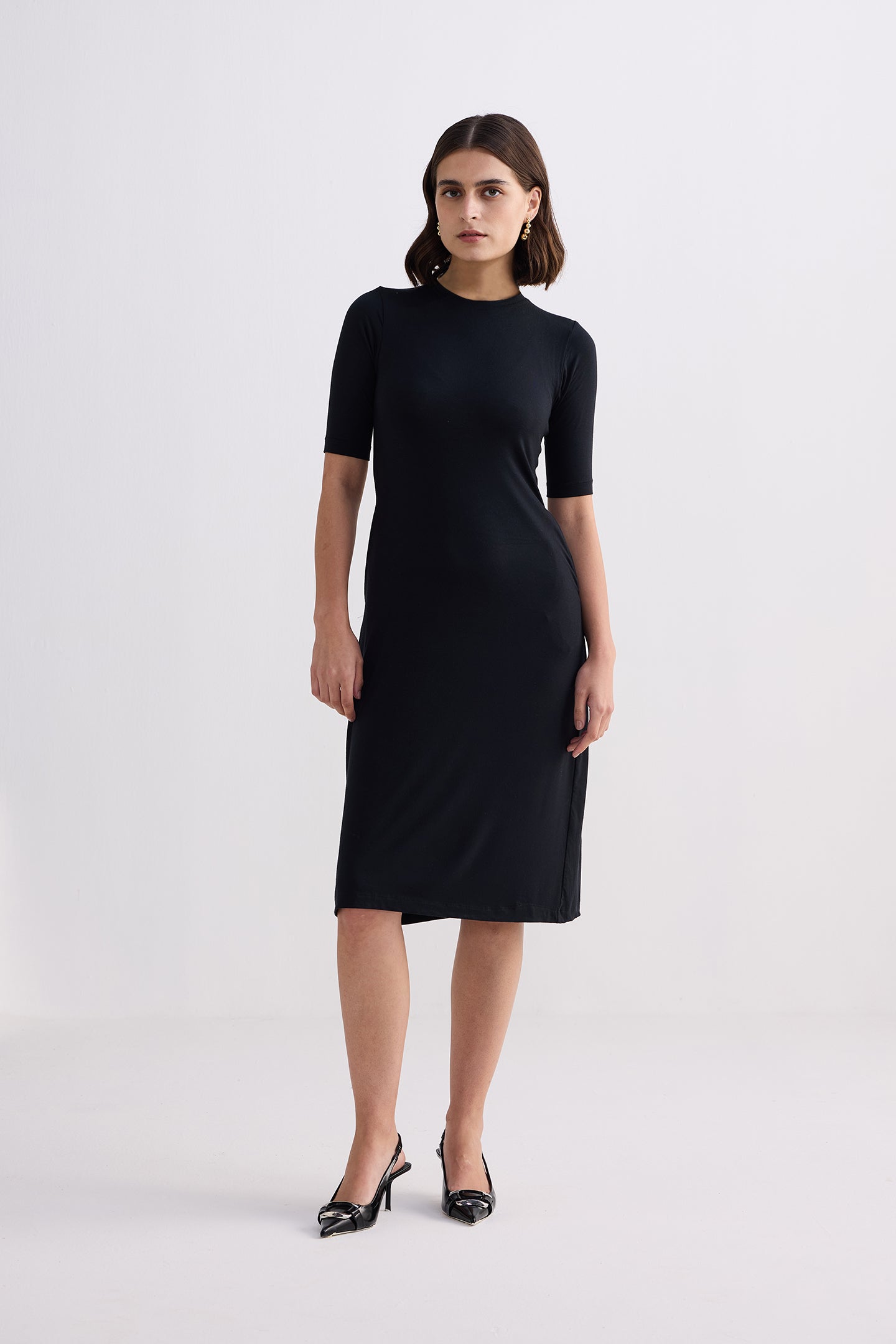 High Crew Neck Elbow Sleeves Fitted Dress in Black Front