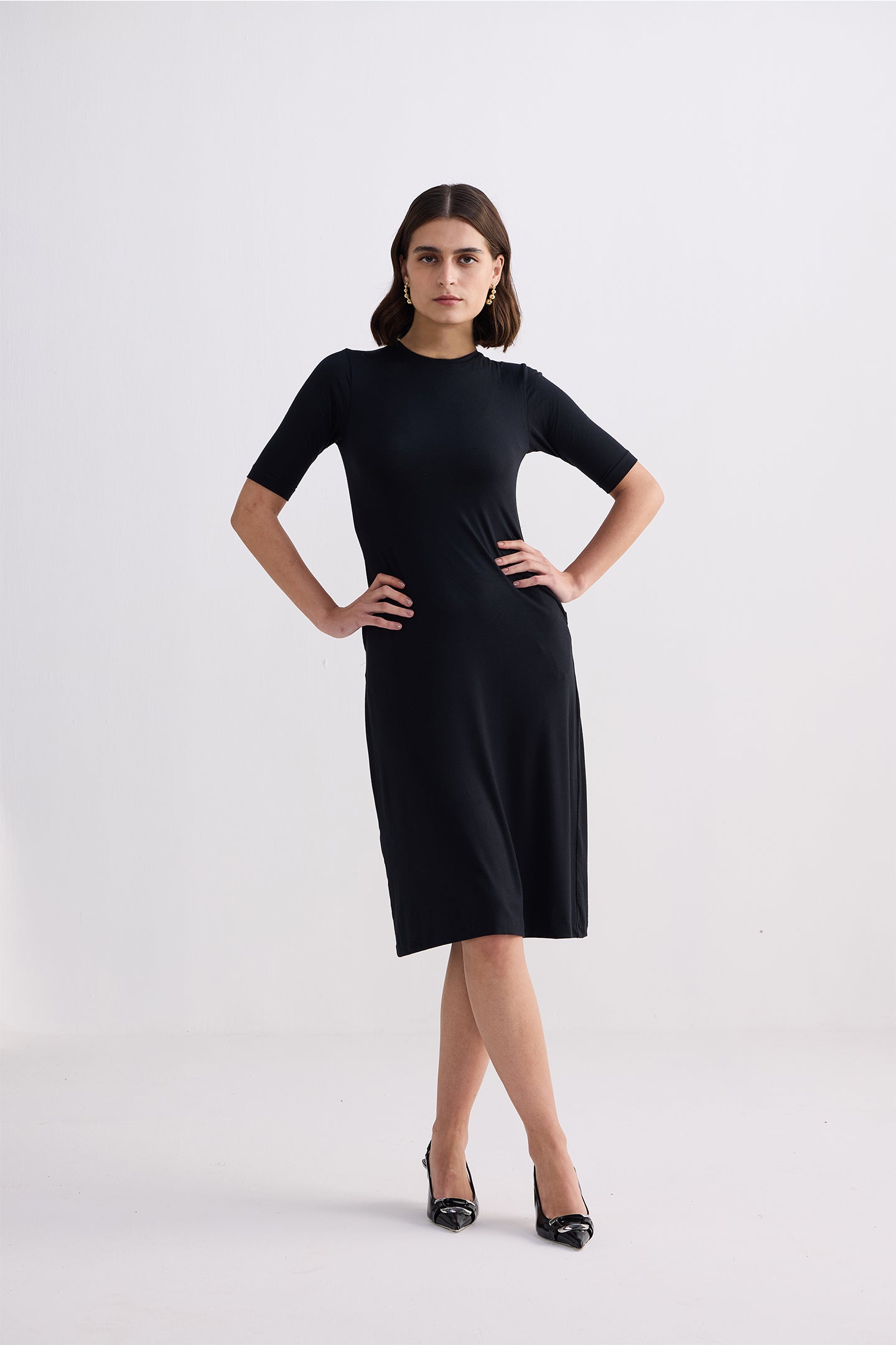 High Crew Neck Elbow Sleeves Fitted Dress in Black Moodshot