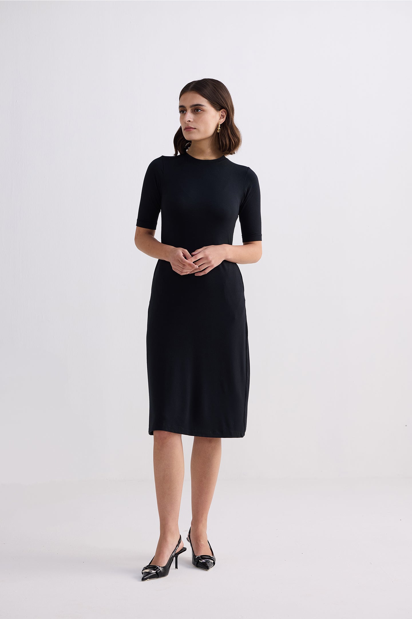 High Crew Neck Elbow Sleeves Fitted Dress in Black Moodshot