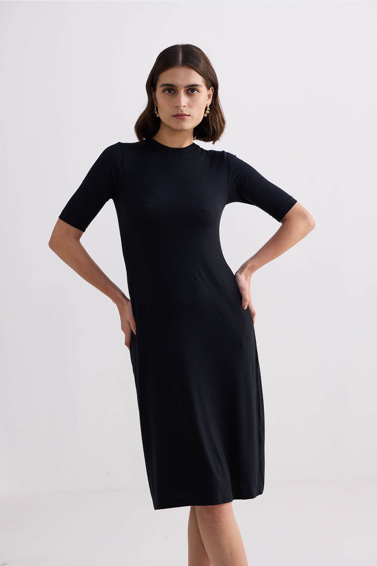 High Crew Neck Elbow Sleeves Fitted Dress in Black Front