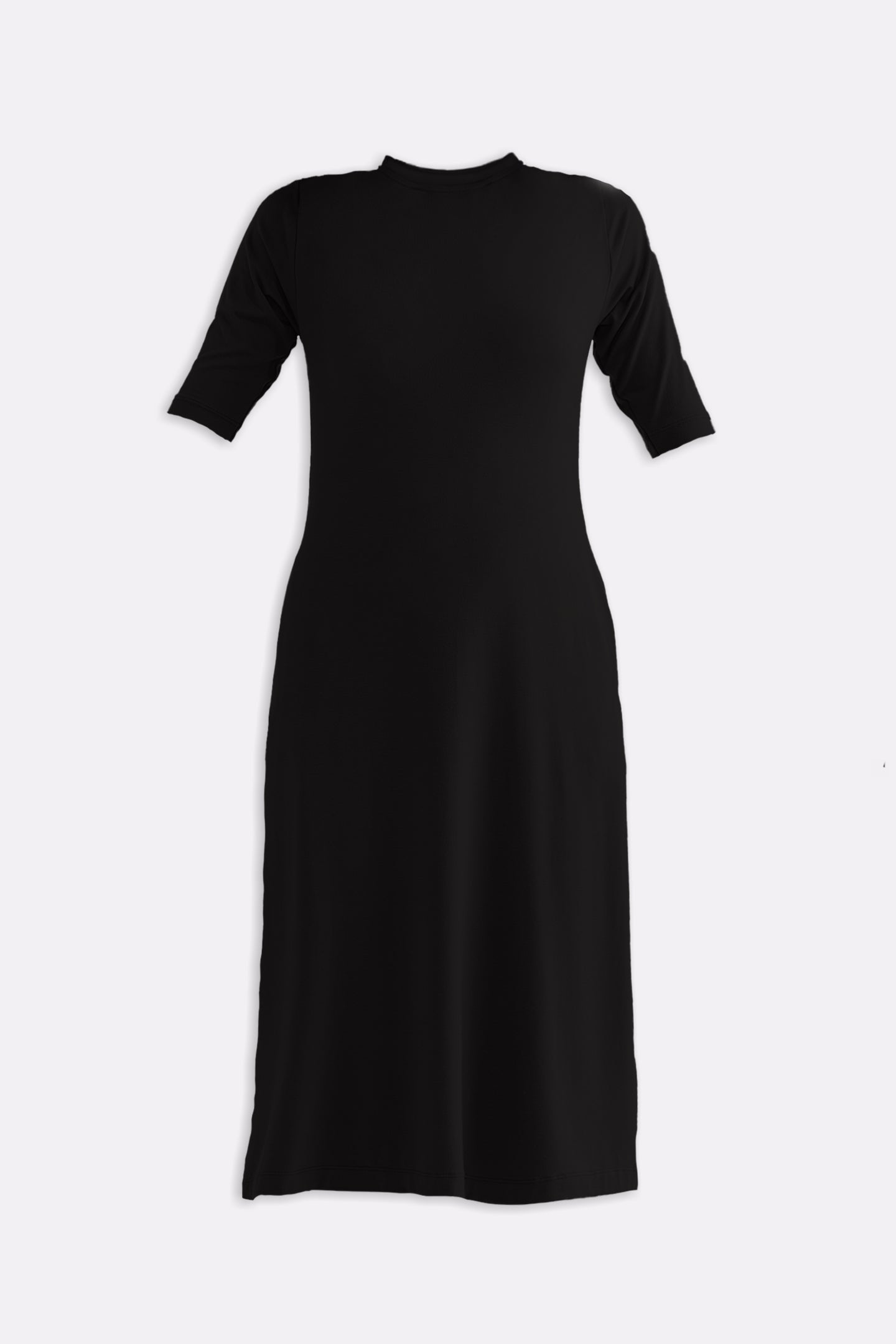 High Crew Neck Elbow Sleeves Fitted Dress in Black Flat Lay