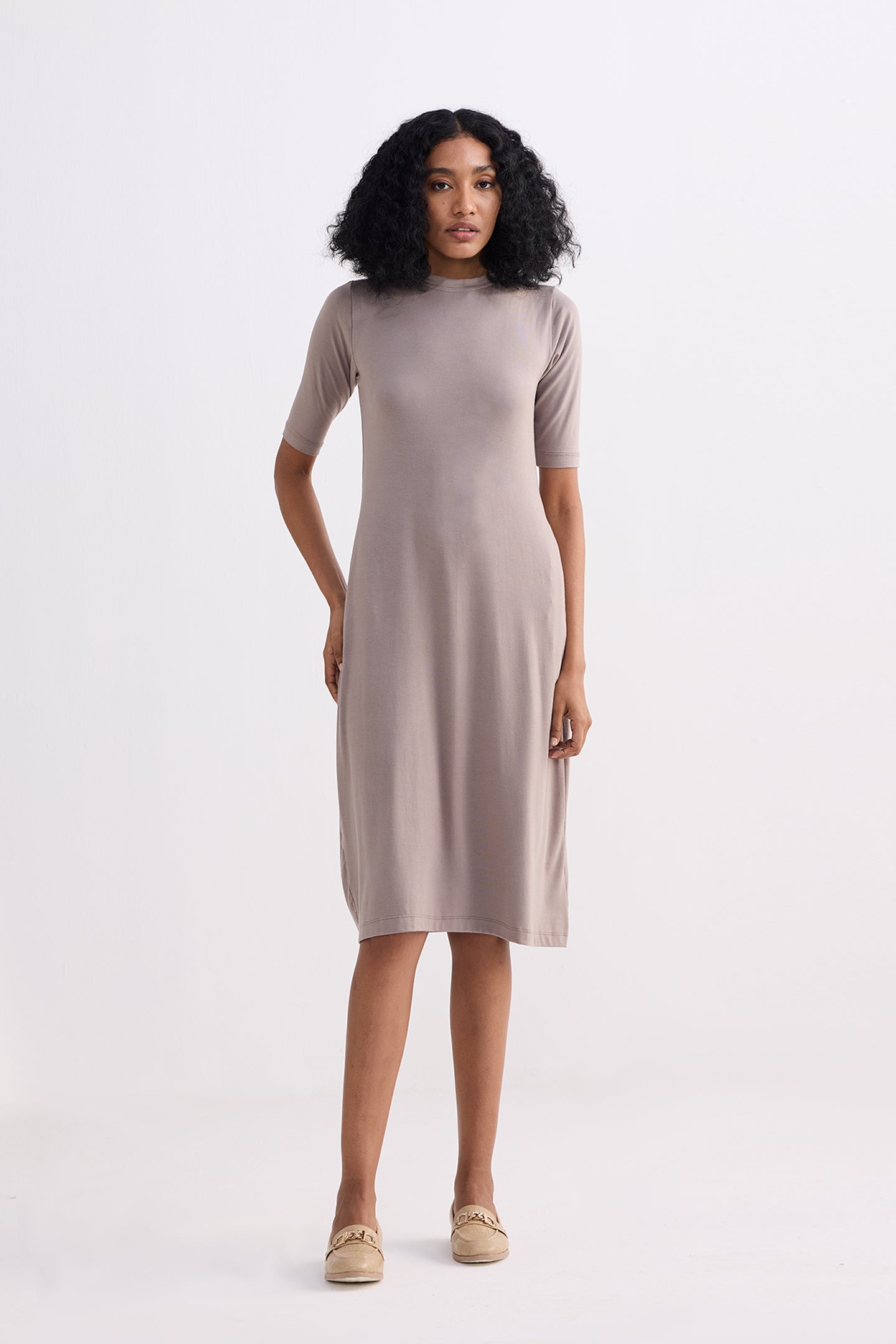 High Crew Neck Elbow Sleeves Fitted Dress in Dusty Brown Front