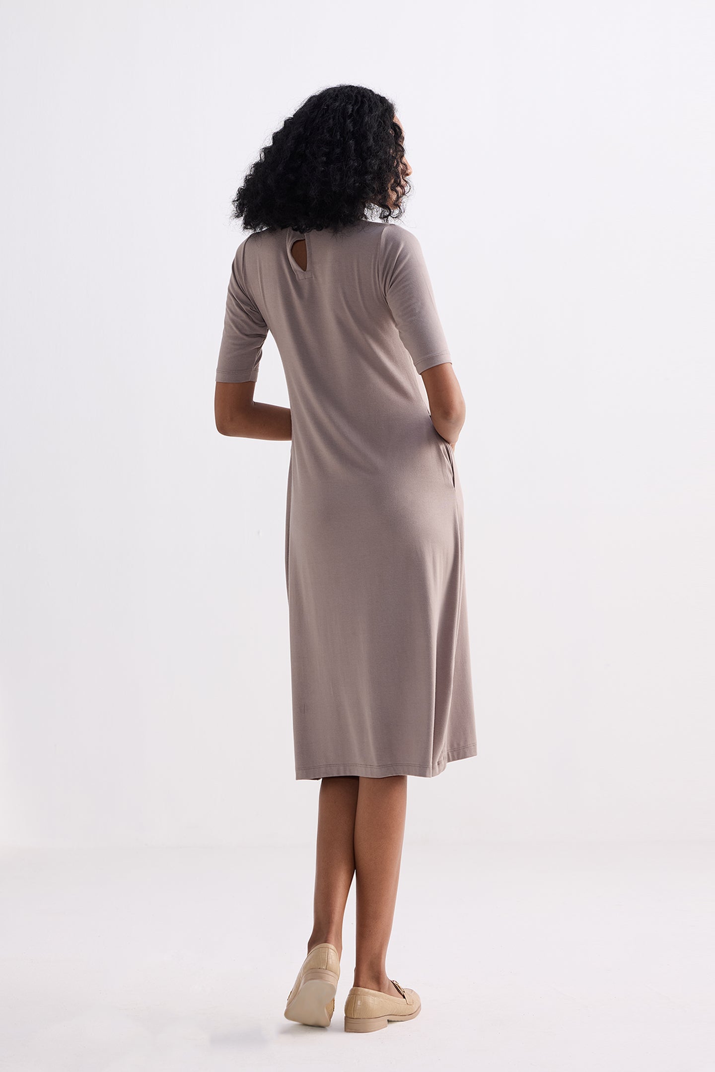 High Crew Neck Elbow Sleeves Fitted Dress in Dusty Brown Back