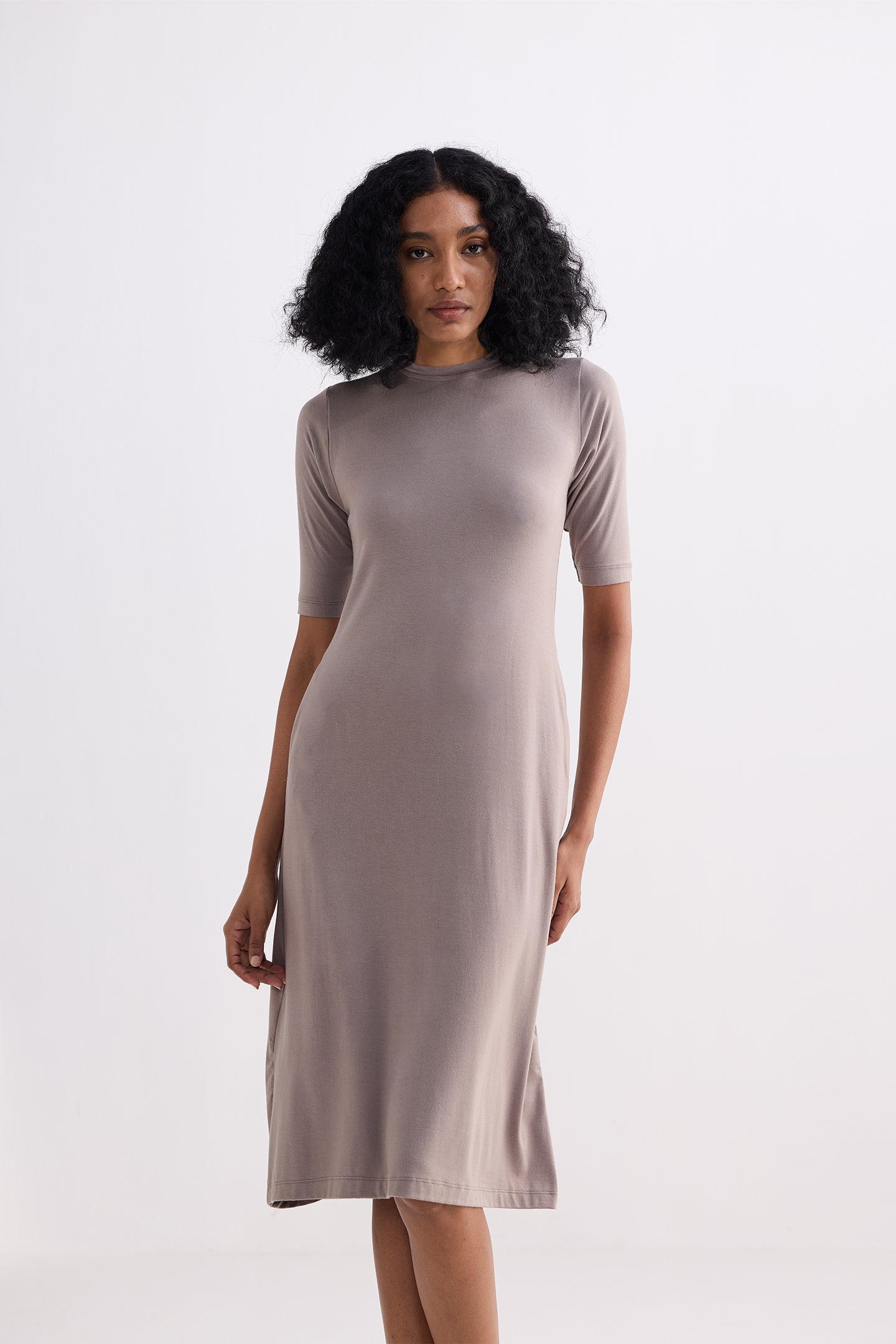 High Crew Neck Elbow Sleeves Fitted Dress in Dusty Brown Moodshot