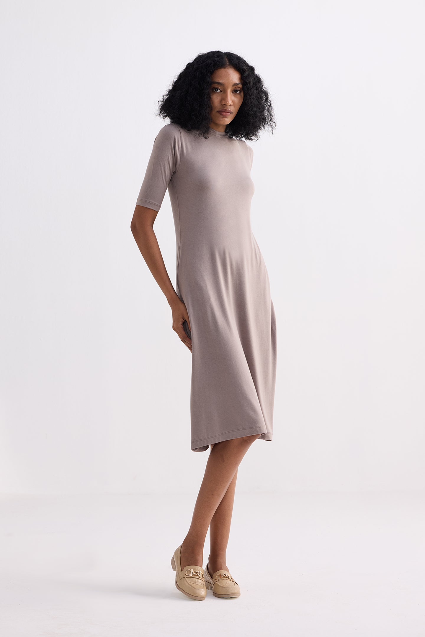 High Crew Neck Elbow Sleeves Fitted Dress in Dusty Brown Side