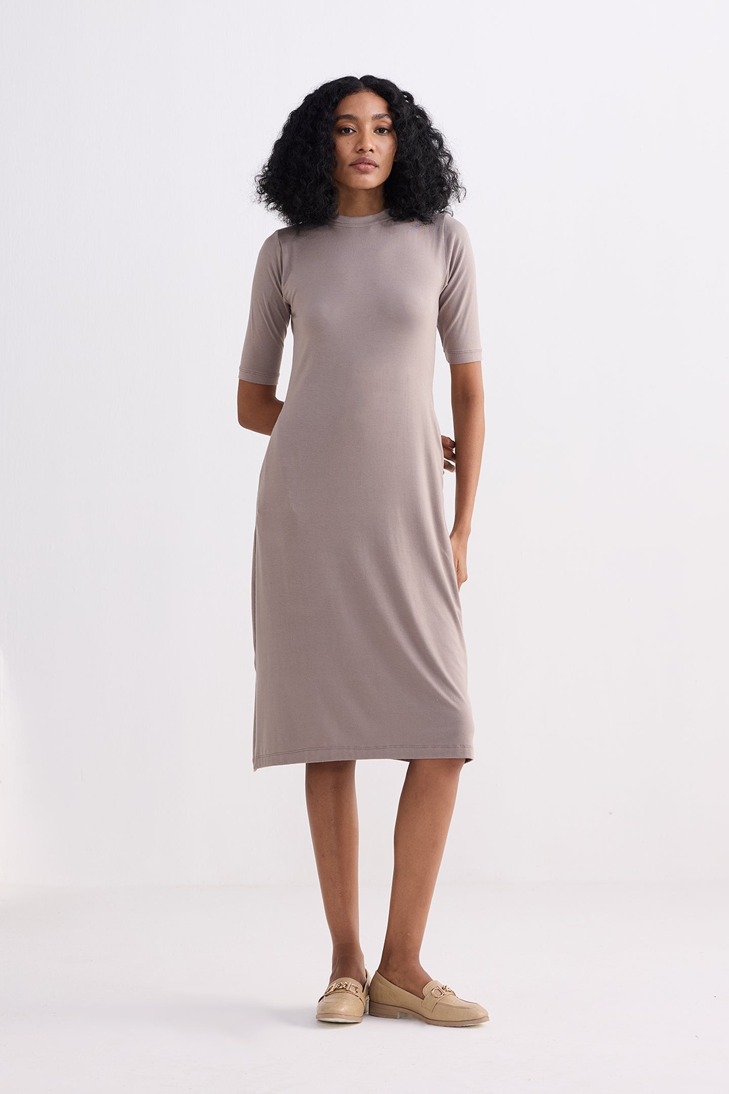 High Crew Neck Elbow Sleeves Fitted Dress in Dusty Brown Front