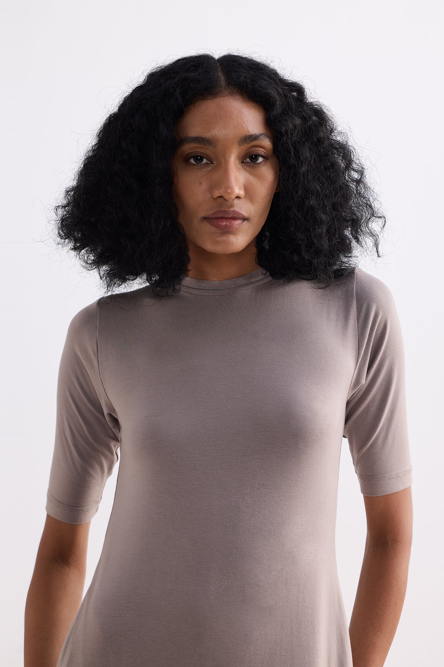 High Crew Neck Elbow Sleeves Fitted Dress in Dusty Brown Closeup
