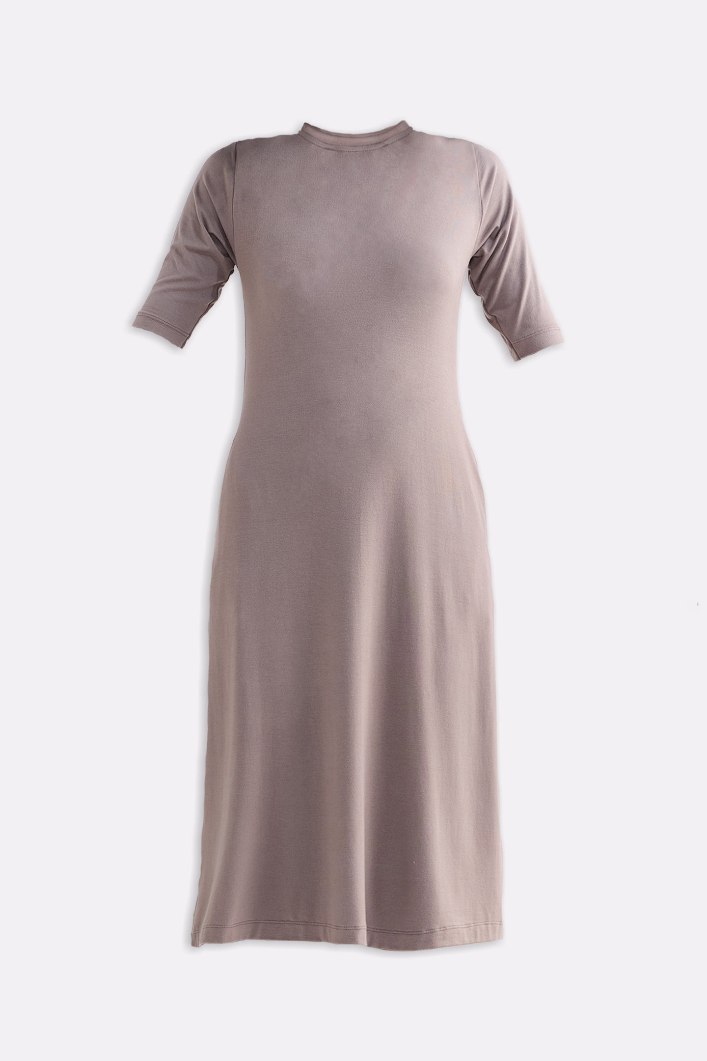 High Crew Neck Elbow Sleeves Fitted Dress in Earth Grey Autumn Maple / L High Crew Neck Elbow Sleeves Fitted Dress in Earth Grey Autumn Maple / L