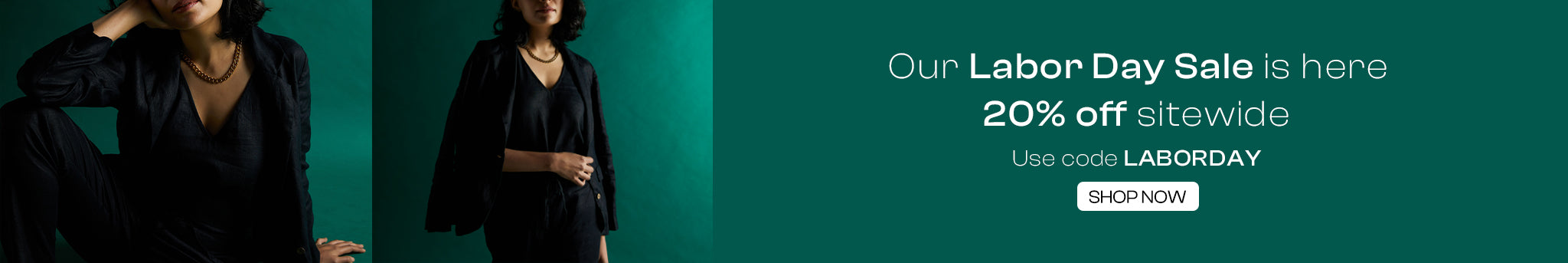 Promotional banner for Labor Day sale with a woman in a black outfit against a teal background.