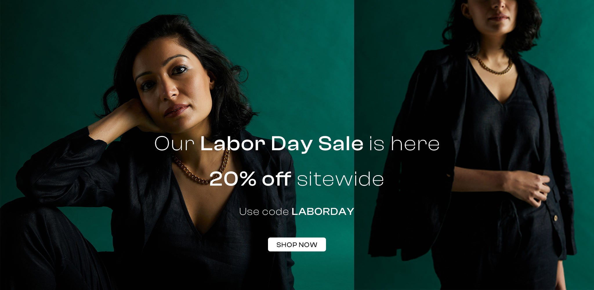 Woman in black outfit with Labor Day sale text overlay on a teal background
