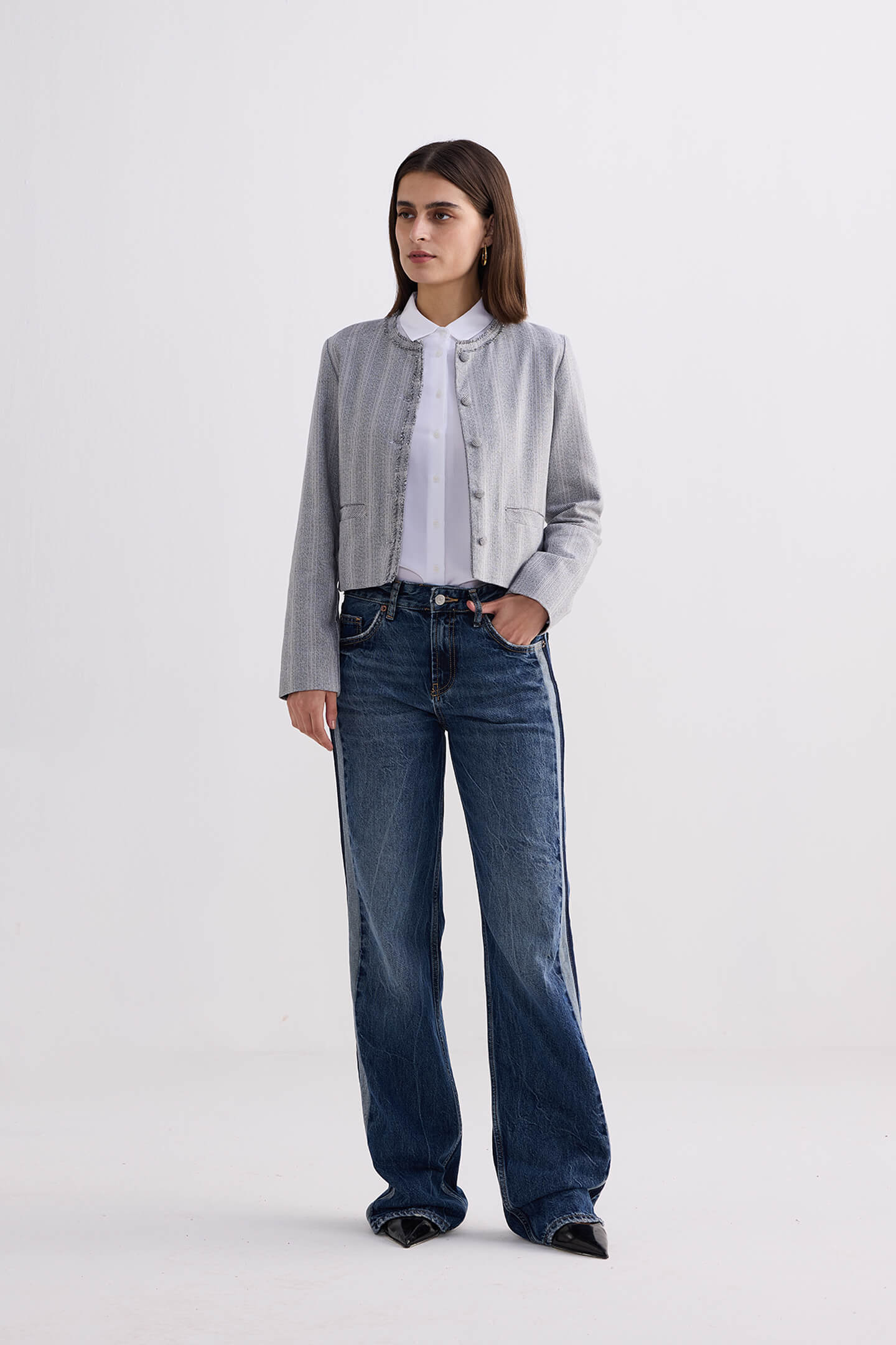 Lady Jacket in Grey Cotton Tweed Long Shot