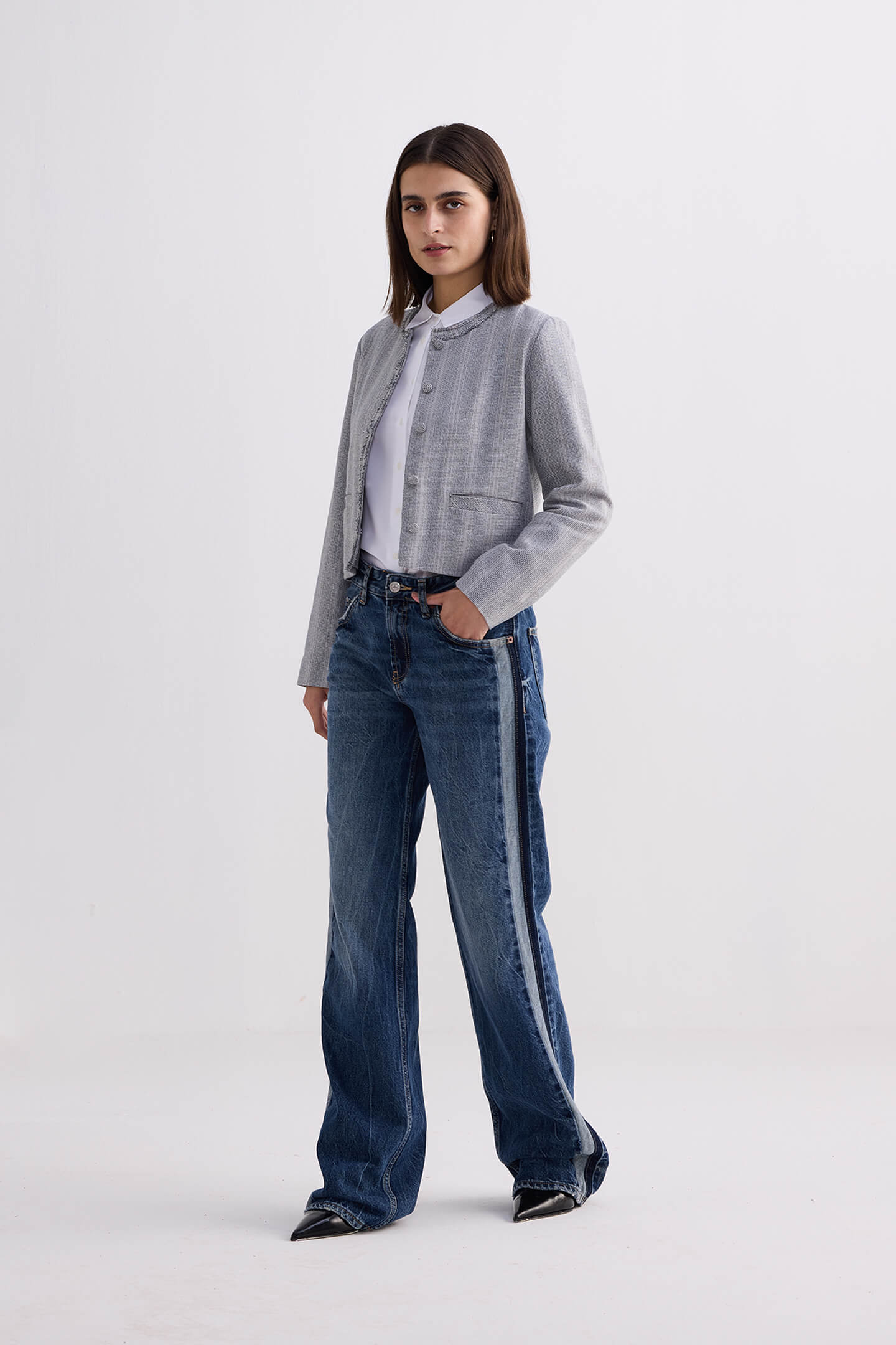 Lady Jacket in Grey Cotton Tweed Long Shot