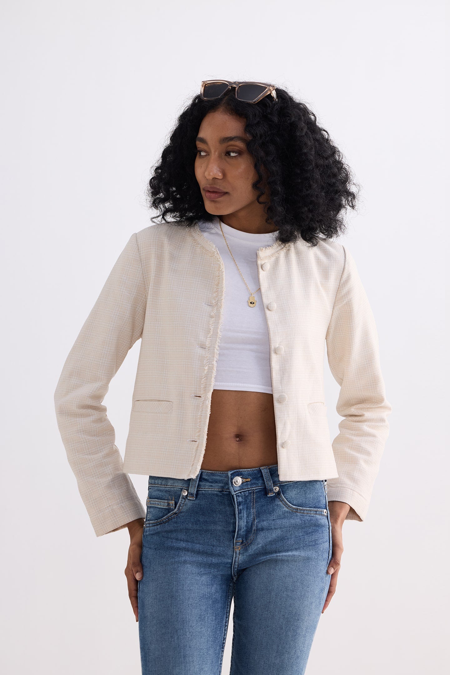 Lady Jacket in Cream Cotton Tweed Medium Shot