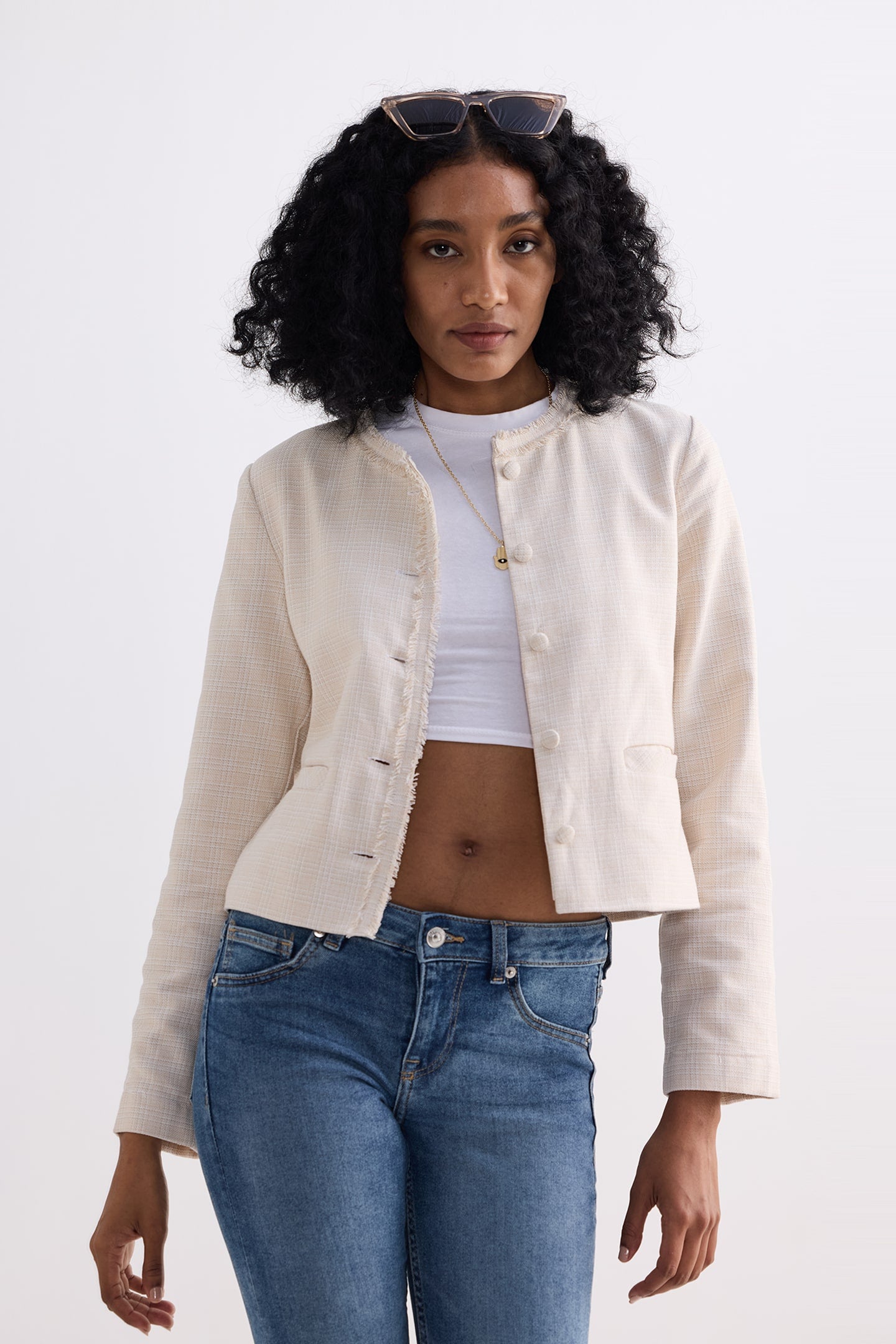 Lady Jacket in Cream Cotton Tweed Medium Shot