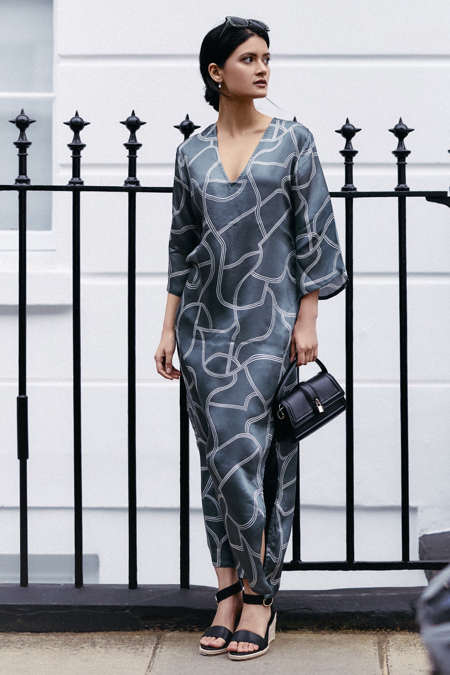 Maxi Dress with Side Slits in Abstract Stripes Moodshot