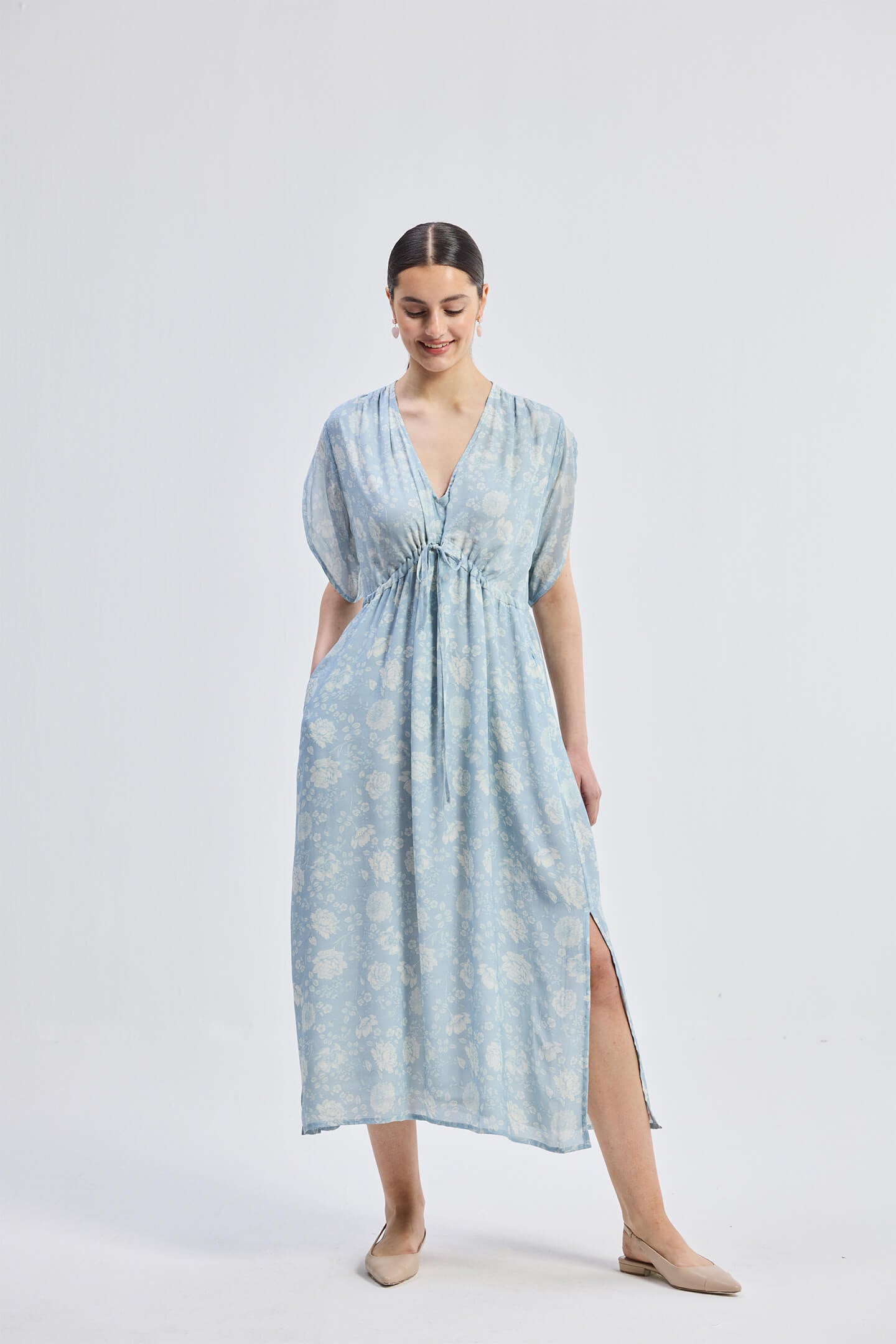 Maxi Gathered Dress in Blue Florals Moodshot
