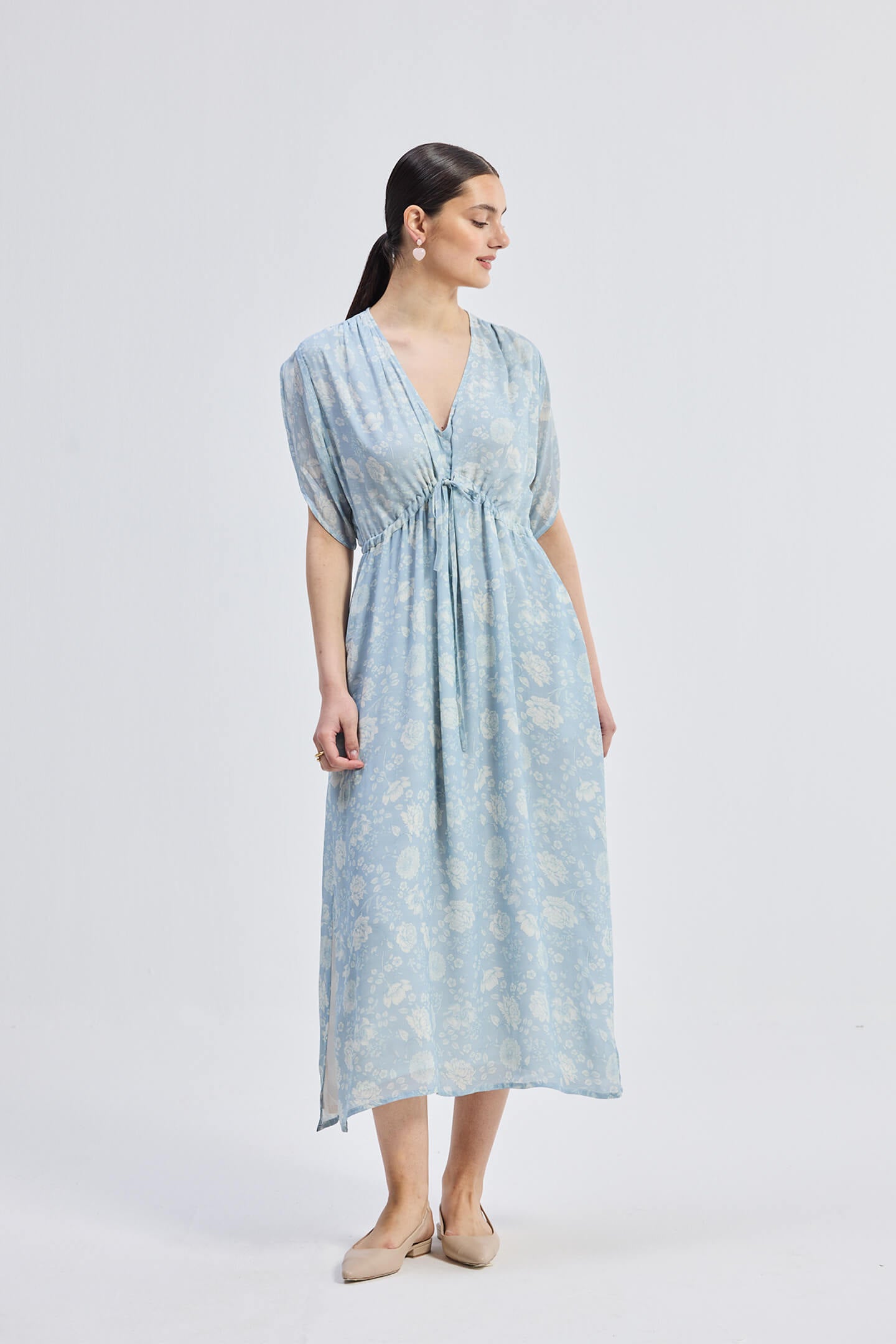 Maxi Gathered Dress in Blue Florals Side