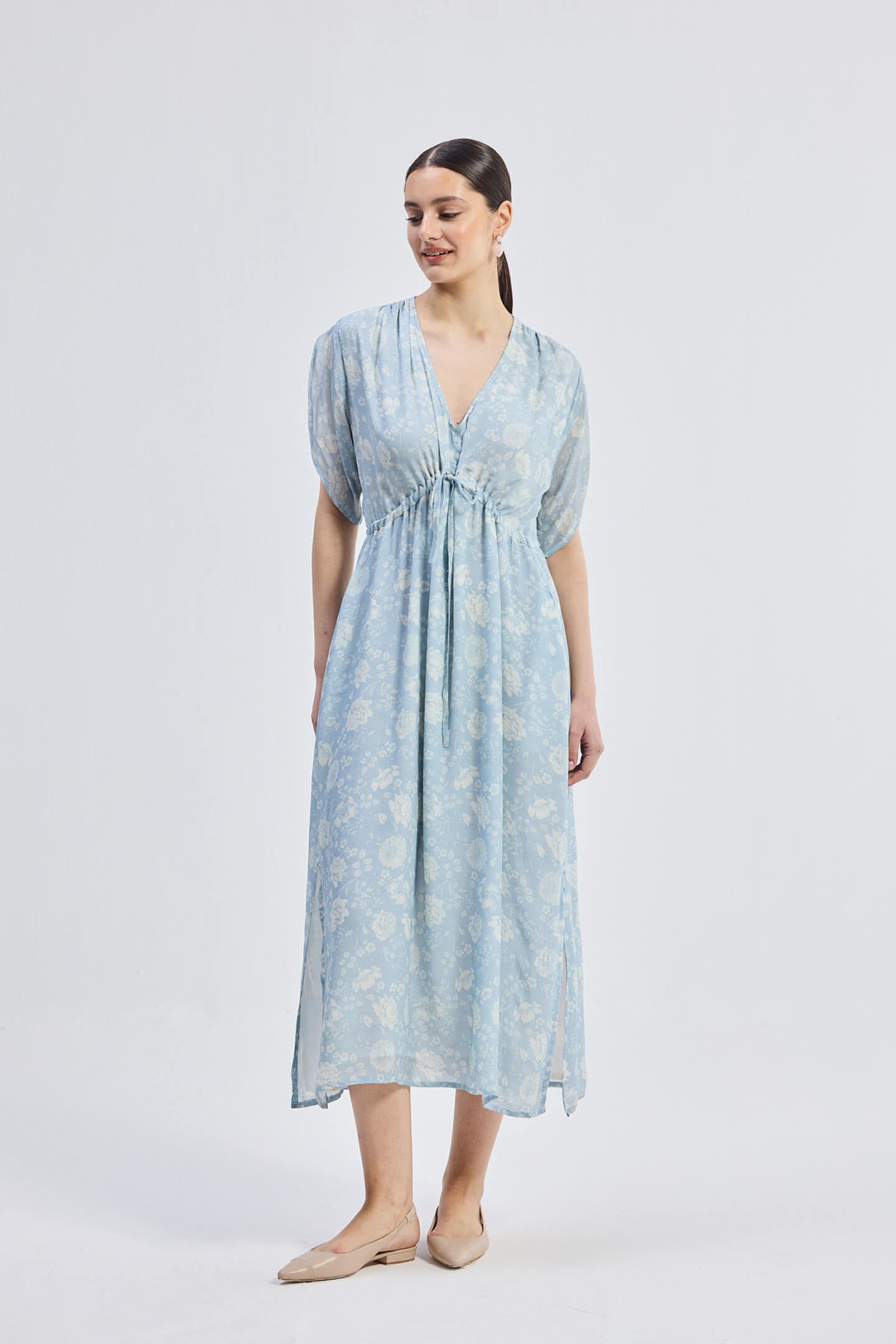 Maxi Gathered Dress in Blue Florals Front