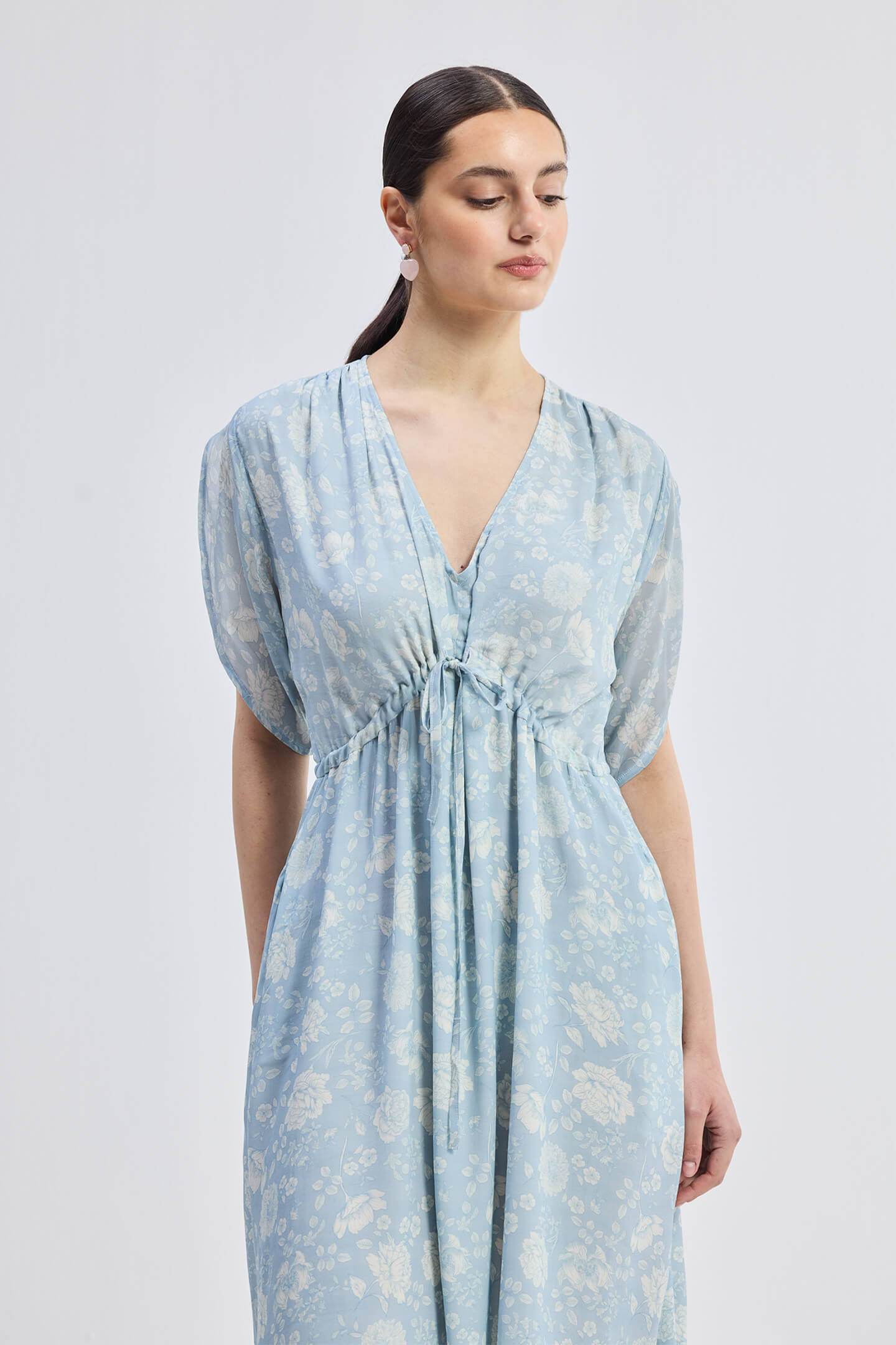 Maxi Gathered Dress in Blue Florals Front