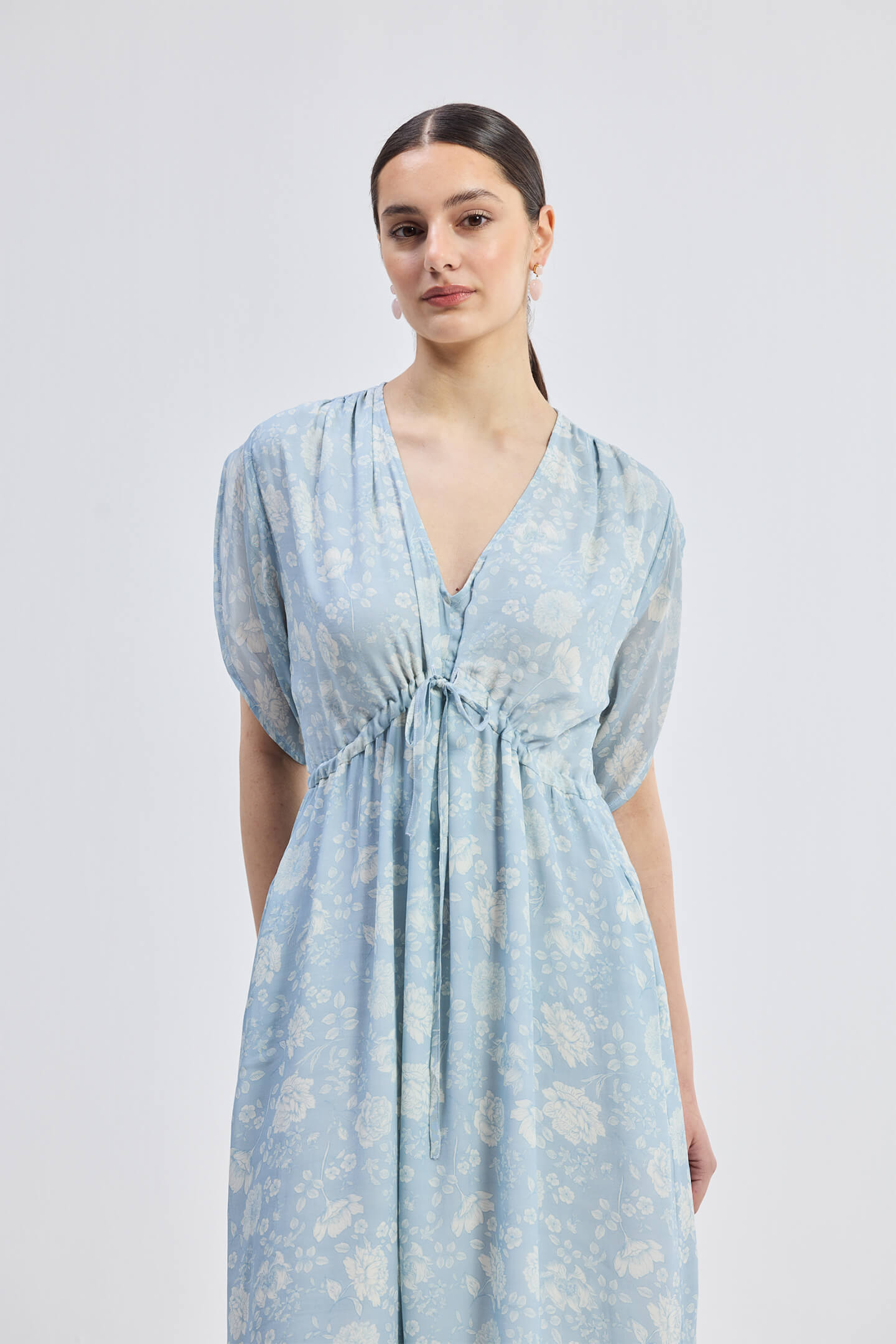 Maxi Gathered Dress in Blue Florals Front