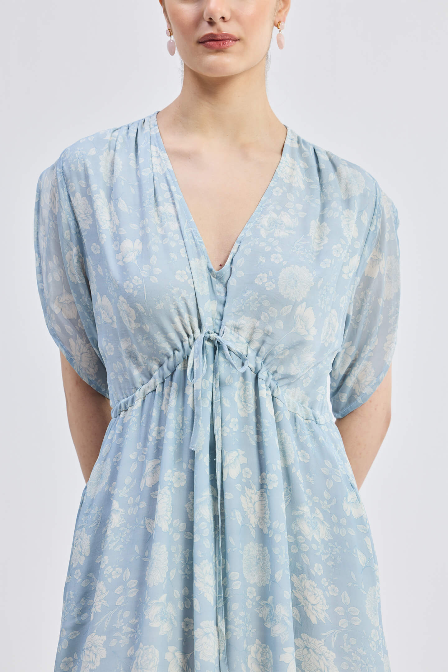 Maxi Gathered Dress in Blue Florals Closeup