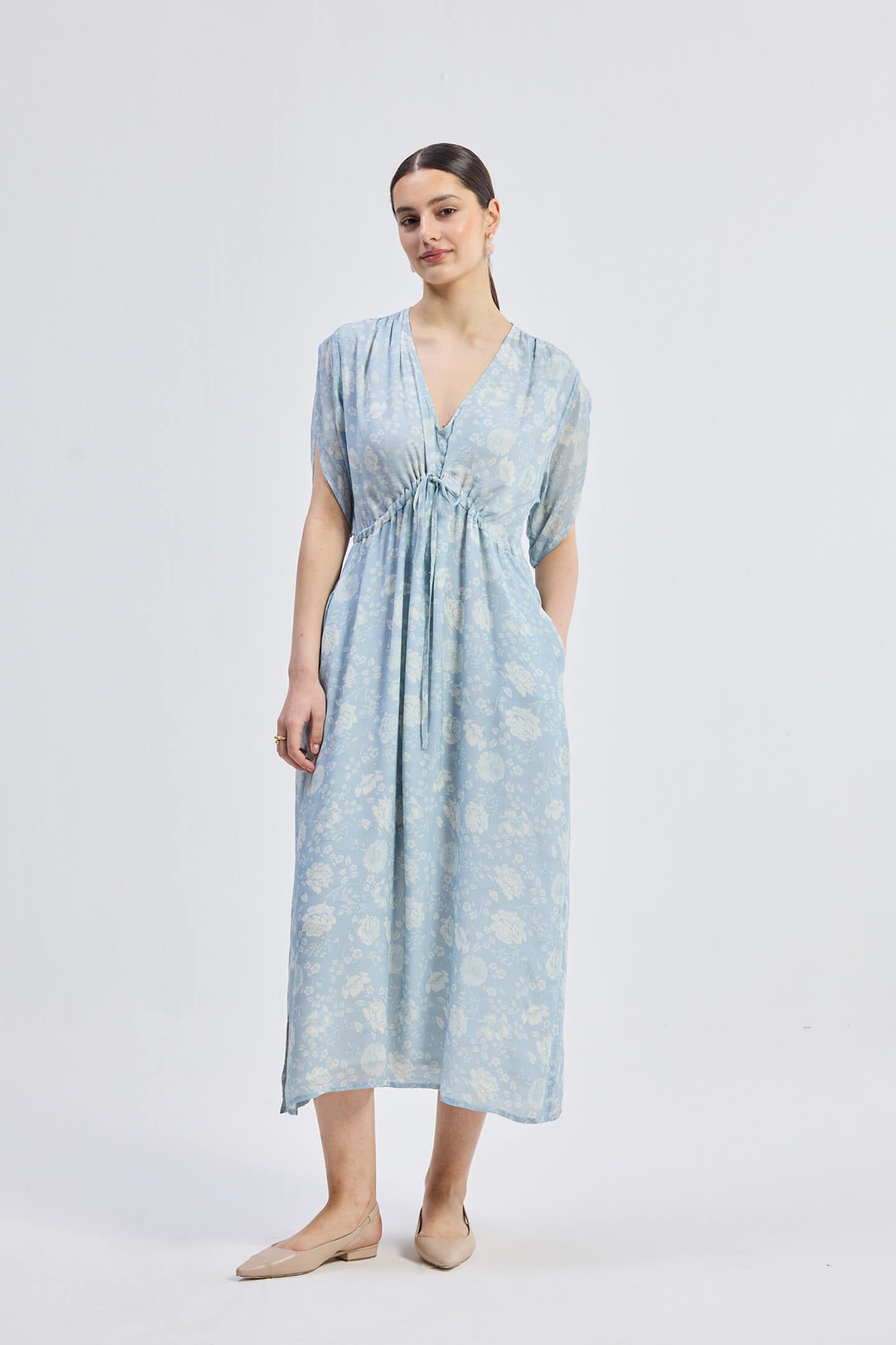 Maxi Gathered Dress in Blue Florals Front