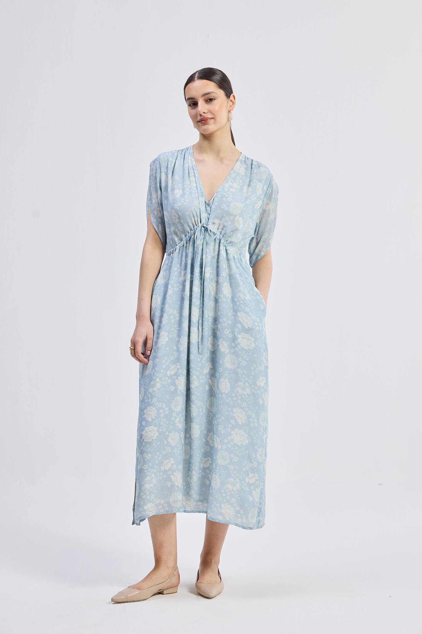 Maxi Gathered Dress in Blue Florals